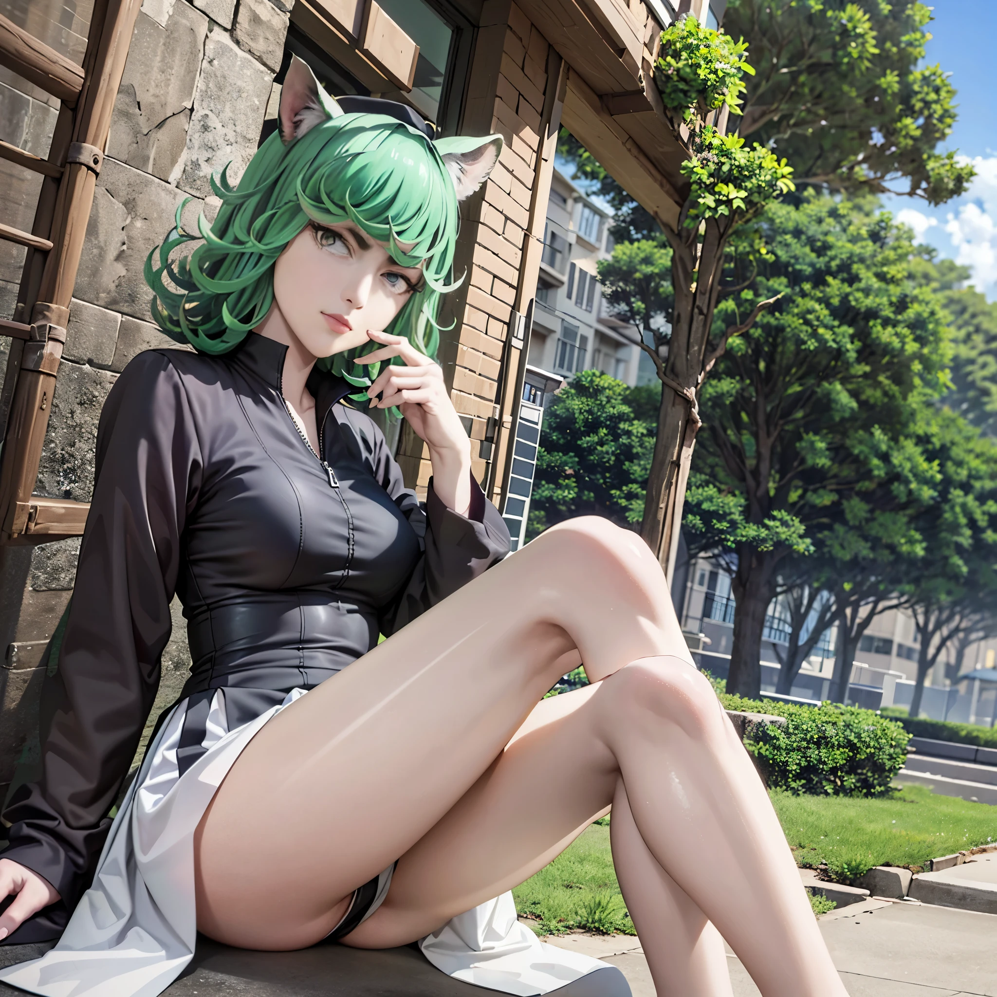 (Masterpiece, Best Quality:1.2), 独奏, 1girl, tatsumaki, unamused, closed mouth, looking a viewer, sitting, 她穿着敦煌飞天衣服, thights, широкие thights,