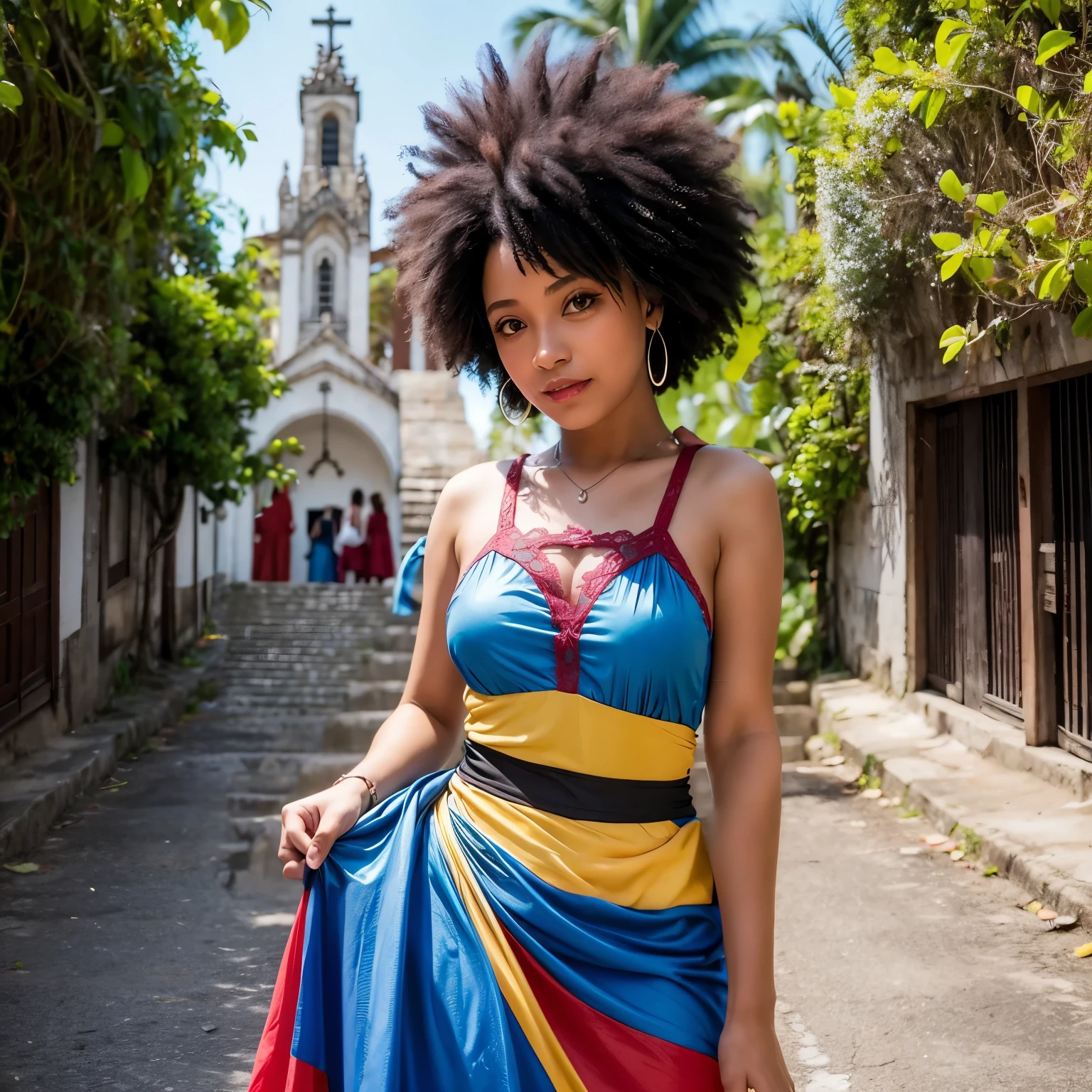 Standing in red sandals, vestido colorido, no por do sol, em frente no ato da Igreja do Senhor do Bonfim