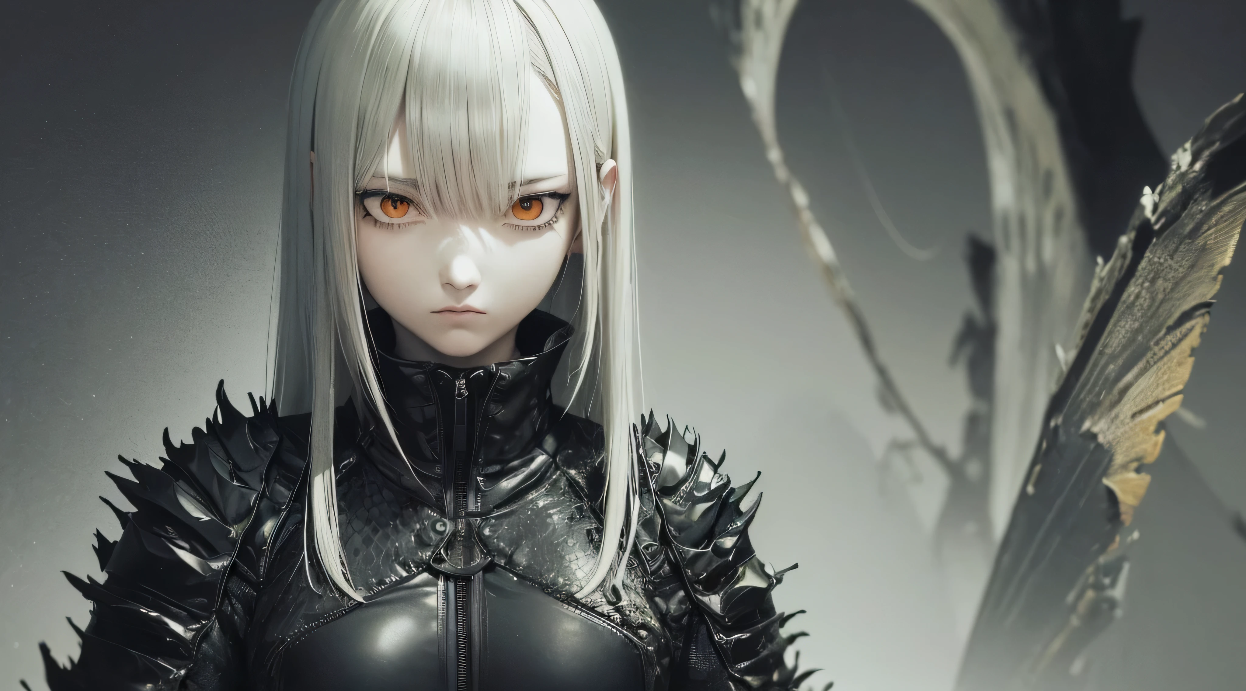 estilo de Tsutomu Nihei,(incredibly absurdos, (high resolution:1.18), detalhe intrincado, (obra de arte:1.1), (Mais alta qualidade:1.1), absurdos),(1 garota, retrato, cabelo branco, olhos laranja, Cabelo longo, olhos detalhados), 1 girl in body bag