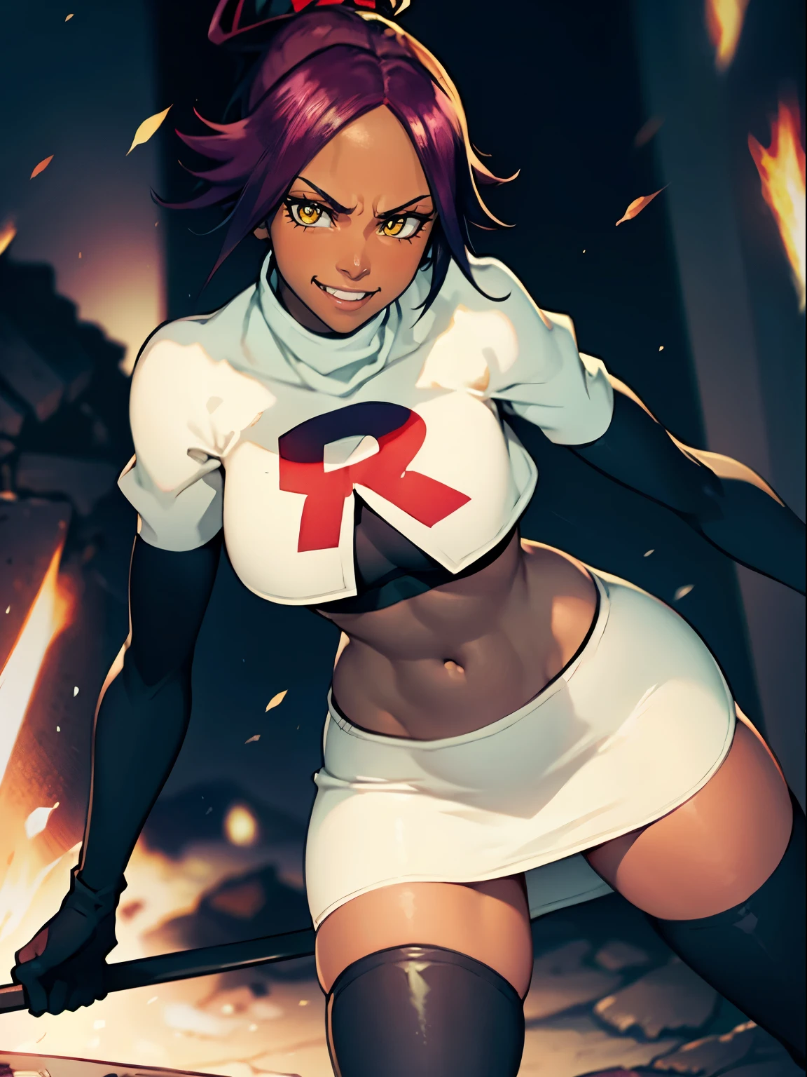 yoruichi shihouin, yellow eyes, ponytail, purple hair, dark skin, dark-skinned female, team rocket, team rocket uniform, red letter R, white skirt, white crop top, black thigh-high boots, black elbow gloves, evil smile