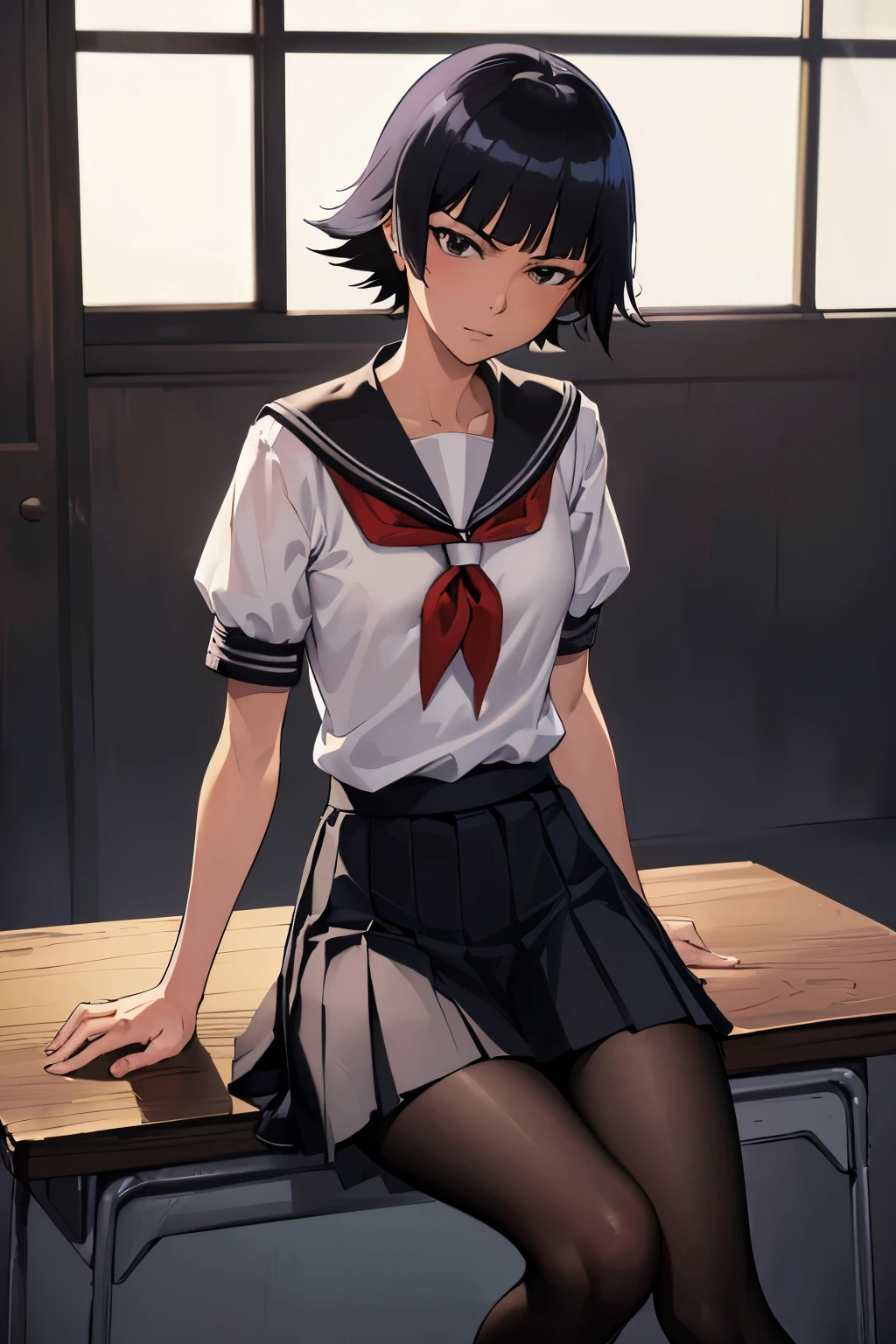 ultra-realistic 8k CG, masterpiece, ((ultra-detailed background, expressive eyes, fine drawing, intricate details, high detail, better quality fine details, hyper-detailed face)), (photorealistic: 1.4), beautiful lighting, RAW photo, film grain, soi fon, 1girl, solo, ((dark black hair, short hair)), ((dark black eyes)), black irises, makeup, side strands, (( slim girl)), ((detailed background, inside, dim lighting, moody lighting, inside classroom)), (intricately detailed full-body shot)), ((intricately detailed face and character)), sweating, detailed face, beautiful face, sharp stern features, petite, thin, skinny, kubo tito, kubo tito (style), bleach (manga), bleach manga style, asian eyes, inspired by Kusumi Morikage, toned, small breasts, toned, long slender legs, thin legs, ((pretty arched feet)), ), ((neckerchief, pleated skirt, red neckerchief, school uniform, shirt, short sleeves, skirt, white shirt, school uniform, pantyhose, black penny shoes)), sitting on desk, facing viewer