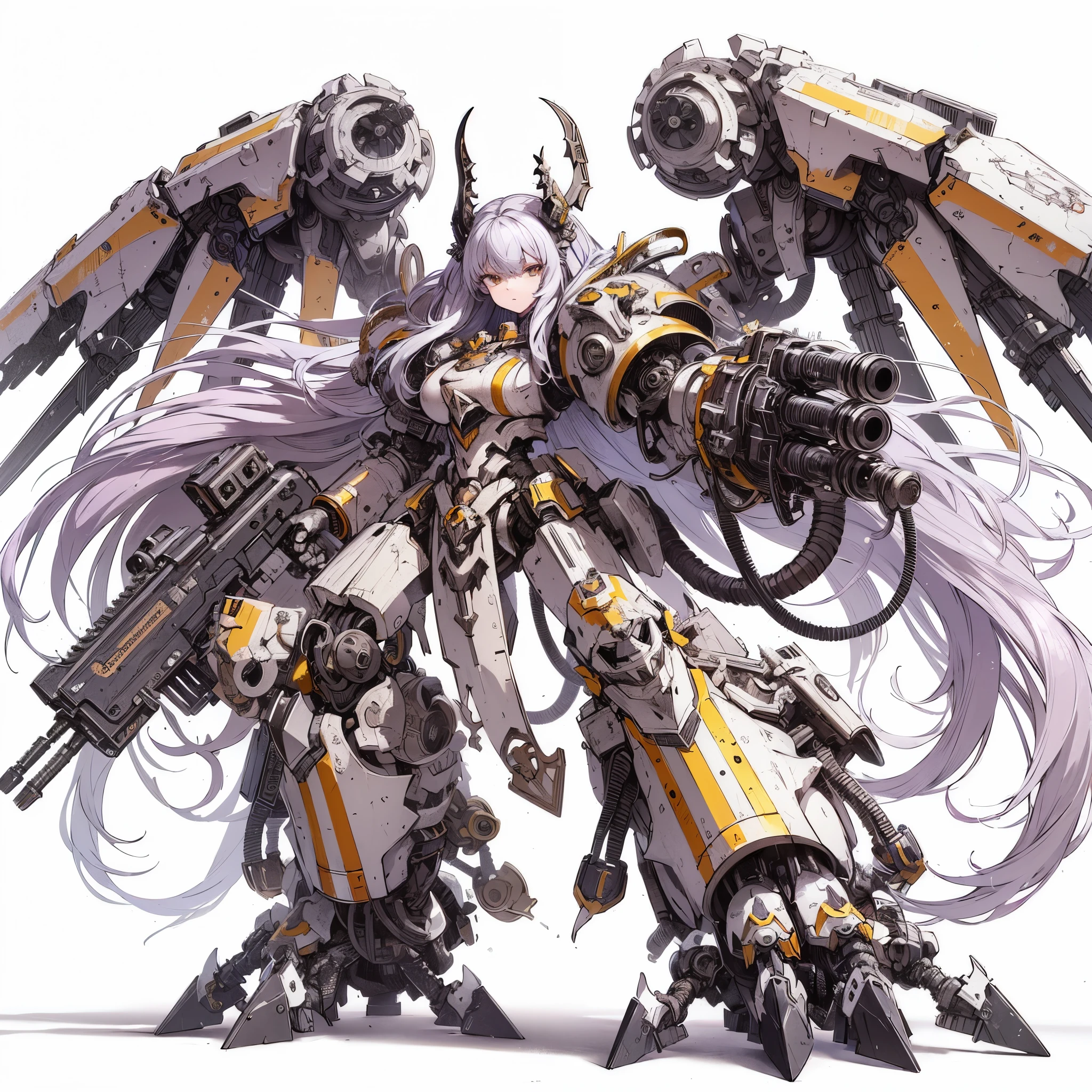 Masterpiece, best quality, ultra-detailed, anime style, full body of Chaos mechanized Demon girl, Mechanized limbs, heavy weapons mounted on arms, dull silver power armor, yellow stripes, strong claw and tail, Warhammer 40K, 8k high resolution, trending art station, white background, whole body,
