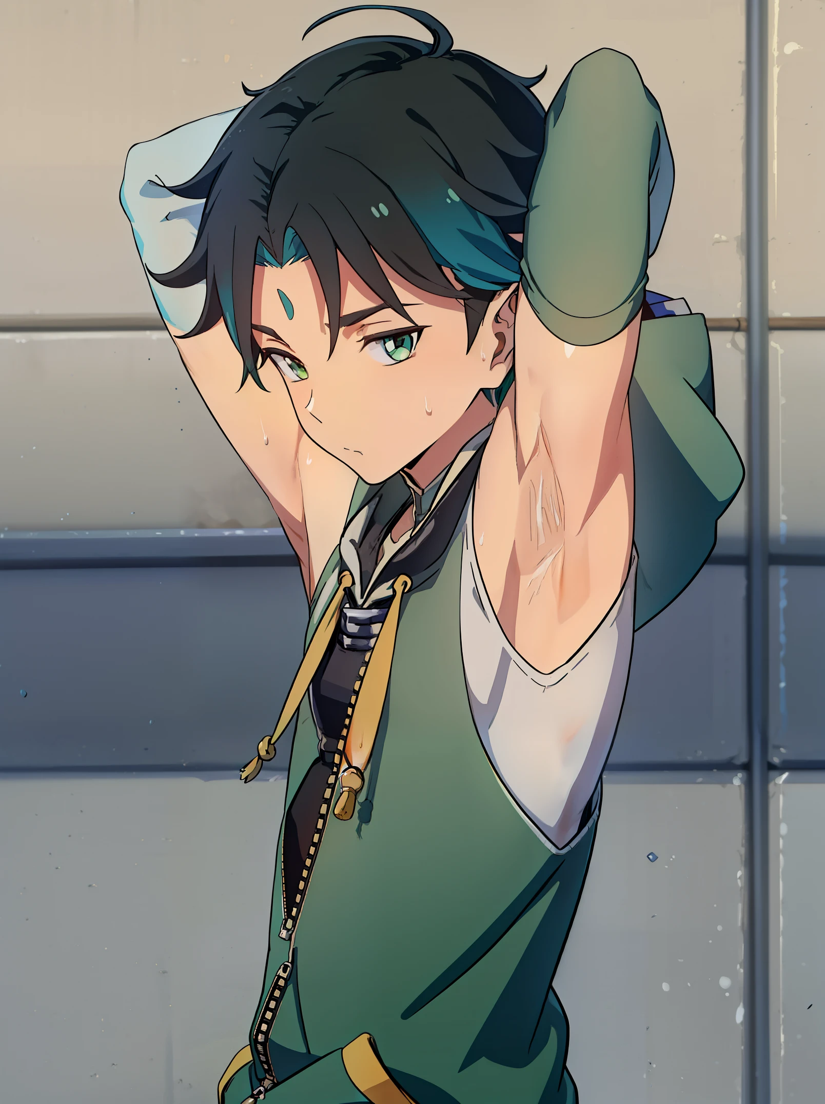 Highres, Masterpiece, Best quality at best,Best Quality,hight quality, hight detailed, 1boy, Shota, Green hoodie with cyan stripes, Wearing headset, The hoodie is sleeveless and has an open zipper, (very small and short stature), (very young boy), (very small and short body), -yeld bo (Showing armpit:1.4), School, Sweat