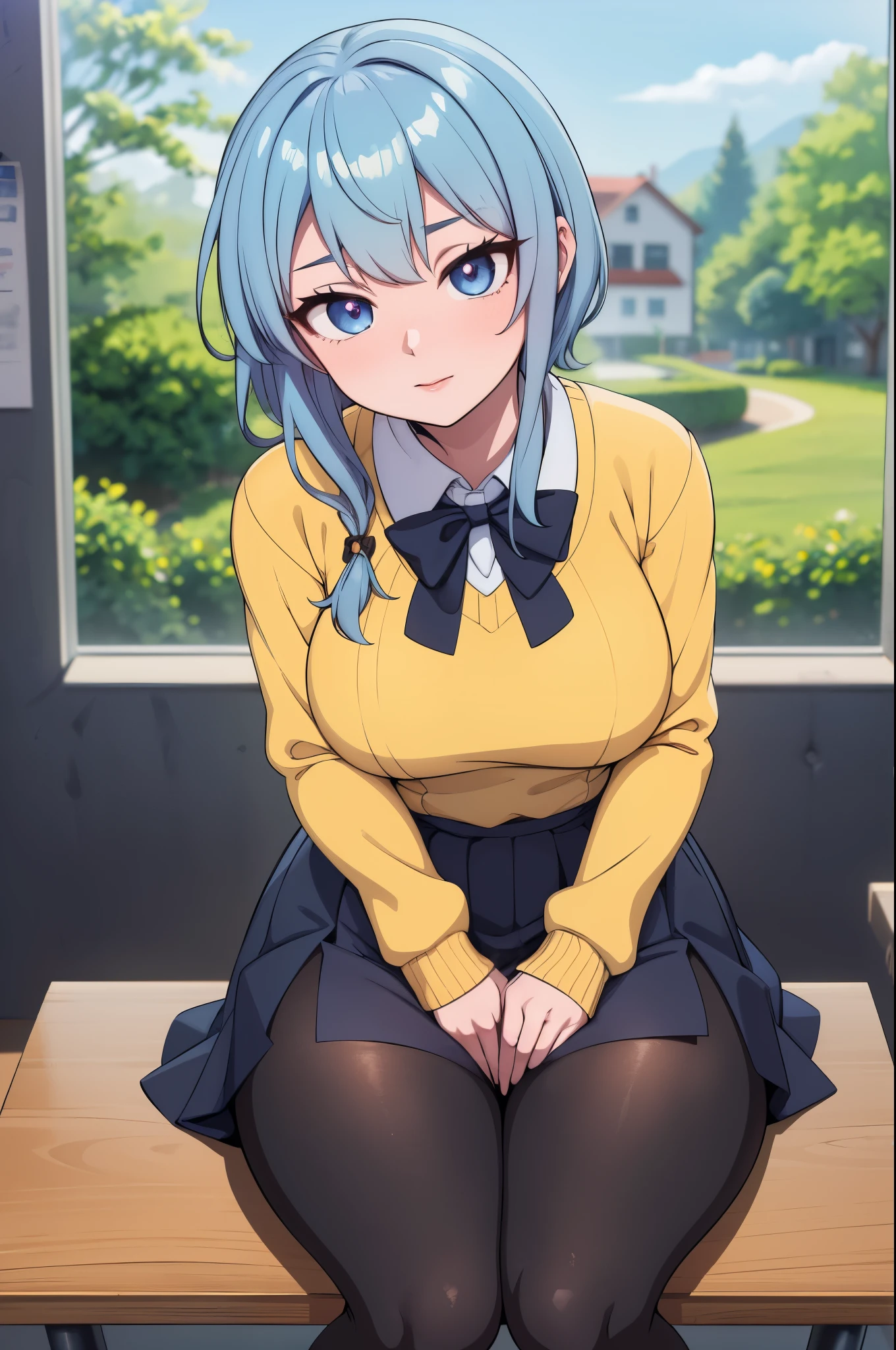 masterpiece, best quality, ultra-detailed, illustration, colorful, falt color, depth of field, lens flare, 1girl, hoshimachi suisei, anime, sitting, blue hair, looking at viewer, school, classroom, pantyhose, knit sweater, black pantyhose, detailed skin texture, detailed cloth texture, beautiful detailed face