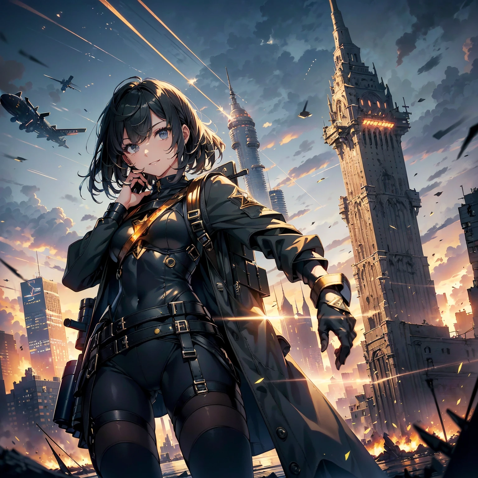 (highest quality，T Masterpiece，final solution，whole body):(24 year old female fighter，Slender、small face、Black Super Short Hair、Shiny black tight combat uniform，tight suit，dynamic angle、dynamic action、(dynamic pose:1.2)、normal posture，normal posture、Gentle smile、Backpack)、(Time Machine、Computer、skyscraper gun、weapons of the future、(Backpack:1.1)、Real World、Plankton rattle field、volumetric fog、gray fog、cigarette、 explosion、apocalyptic、destroyed city background、burning building:1.3、splash of water、starry ski、huge moon、Earth、destroyed giant robot、radio tower、airplane flying overhead、shooting star rocket truck、broken car、derailed train、tank、giant weapon、electronic equipment、Luminous mechanism)