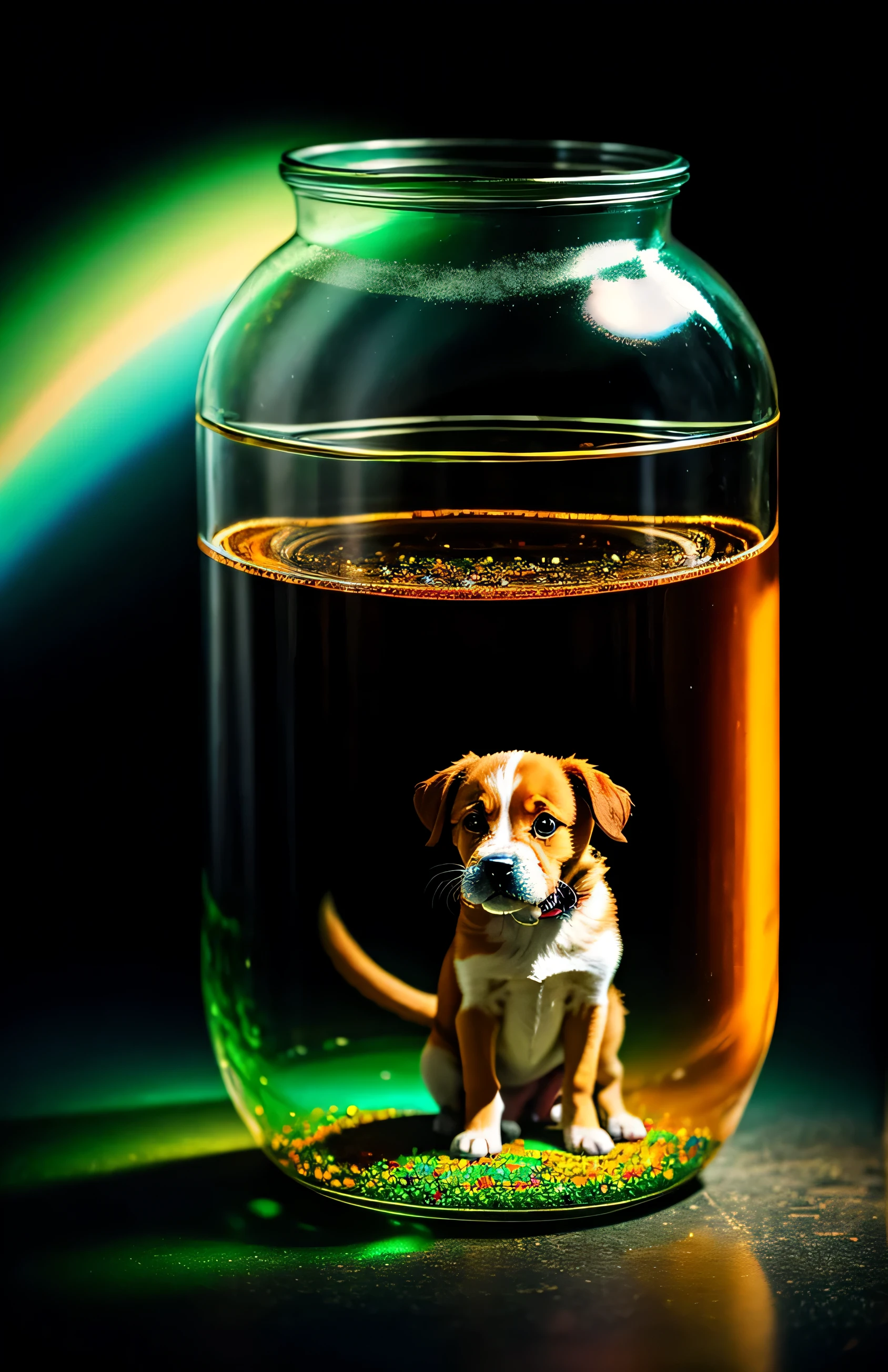 puppy in a giant jar, fluffy, realistic, airglow refraction, by lee jeffries nikon d850 film stock photo 4 kodak portra 400 camera f1.6 lens rich colors hyper realistic lifelike texture dramatic lighting unreal engine trending on artstation cinestill 800, style glasses