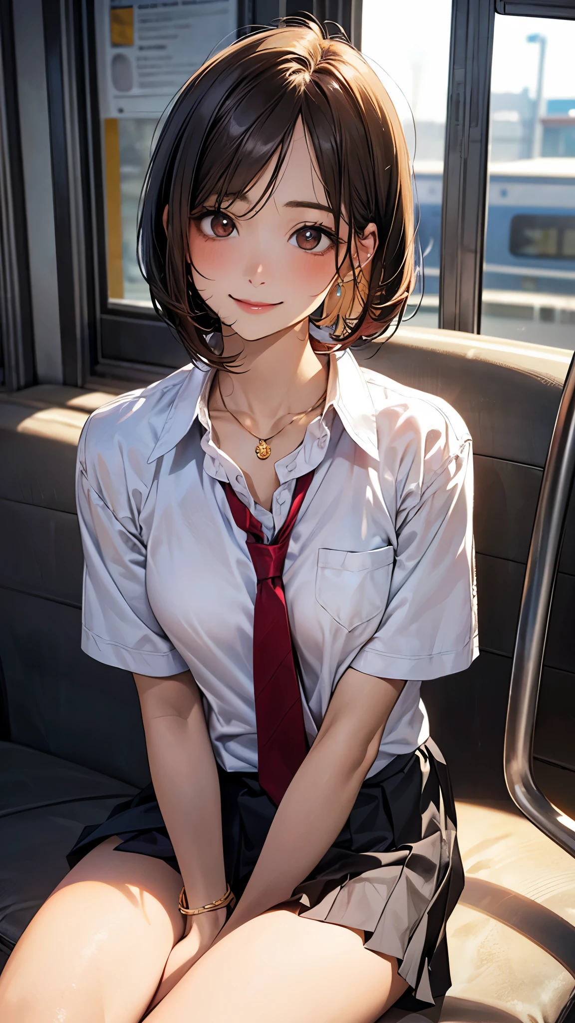(masterpiece:1.2, top-quality), (realistic, photorealistic:1.4), beautiful illustration, (natural side lighting, movie lighting),
looking at viewer, full body, 1 girl, japanese, high school girl, perfect face, cute and symmetrical face, suntan, shiny skin,
(short hair:1.2, bob cut:1.2, brown hair), parted bangs, brown eyes, long eye lasher, (large breasts:0.6),
beautiful hair, beautiful face, beautiful detailed eyes, beautiful clavicle, beautiful body, beautiful chest, beautiful thigh, beautiful legs, beautiful fingers,
((collared short sleeve shirt, white shirt, school uniform, grey pleated skirt, red tie), golden heart necklace, wrist chakra), light blue panties,
(beautiful scenery), on the bus, sitting, (lovely smile, upper eyes),