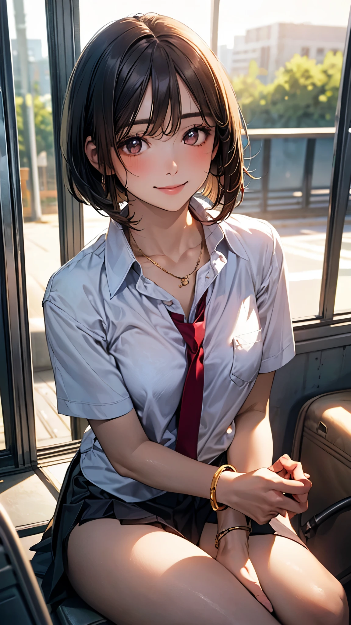 (masterpiece:1.2, top-quality), (realistic, photorealistic:1.4), beautiful illustration, (natural side lighting, movie lighting),
looking at viewer, full body, 1 girl, japanese, high school girl, perfect face, cute and symmetrical face, suntan, shiny skin,
(short hair:1.2, bob cut:1.2, brown hair), parted bangs, brown eyes, long eye lasher, (large breasts:0.6),
beautiful hair, beautiful face, beautiful detailed eyes, beautiful clavicle, beautiful body, beautiful chest, beautiful thigh, beautiful legs, beautiful fingers,
((collared short sleeve shirt, white shirt, school uniform, grey pleated skirt, red tie), golden heart necklace, wrist chakra), light blue panties,
(beautiful scenery), on the bus, sitting, (lovely smile, upper eyes),