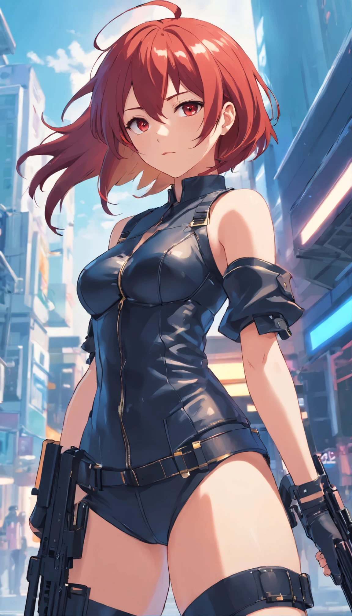 anime girl with red hair and black leather outfit holding a gun, seductive anime girl, biomechanical oppai, from girls frontline, fine details. girls frontline, badass anime 8 k, beautiful alluring anime woman, oppai cyberpunk, breasts covered and sfw, female protagonist 👀 :8, kantai collection style, thicc, anya from spy x family