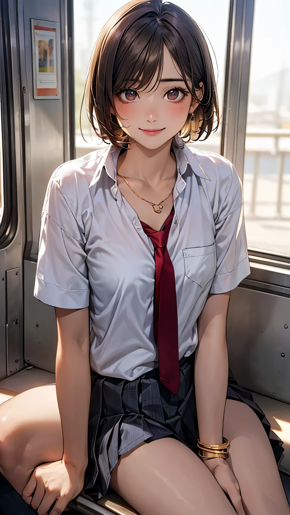 (masterpiece:1.2, top-quality), (realistic, photorealistic:1.4), beautiful illustration, (natural side lighting, movie lighting),
looking at viewer, full body, 1 girl, japanese, high school girl, perfect face, cute and symmetrical face, suntan, shiny skin,
(short hair:1.2, pixie cut:1.2, brown hair), parted bangs, brown eyes, long eye lasher, (large breasts:0.6),
beautiful hair, beautiful face, beautiful detailed eyes, beautiful clavicle, beautiful body, beautiful chest, beautiful thigh, beautiful legs, beautiful fingers,
((collared short sleeve shirt, white shirt, school uniform, grey pleated skirt, red tie), golden heart necklace, wrist chakra), light blue panties,
(beautiful scenery), on the bus, sitting, (lovely smile, upper eyes),