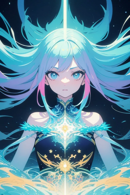 (masterpiece, best quality:1.2),(concept art、fractal art:1.5) ,(flat color:1.2),(2D:1.3),(fluorescence colour:1.5,colorful:1.2),fluorescence multicolored hair、looking at viewer,1Goddess,beautiful face,Gentle face,solo,upper body,floating colorful fluorescent lines,vivid color、fractal art、Symmetrical、
Mysterious atmosphere、liberating