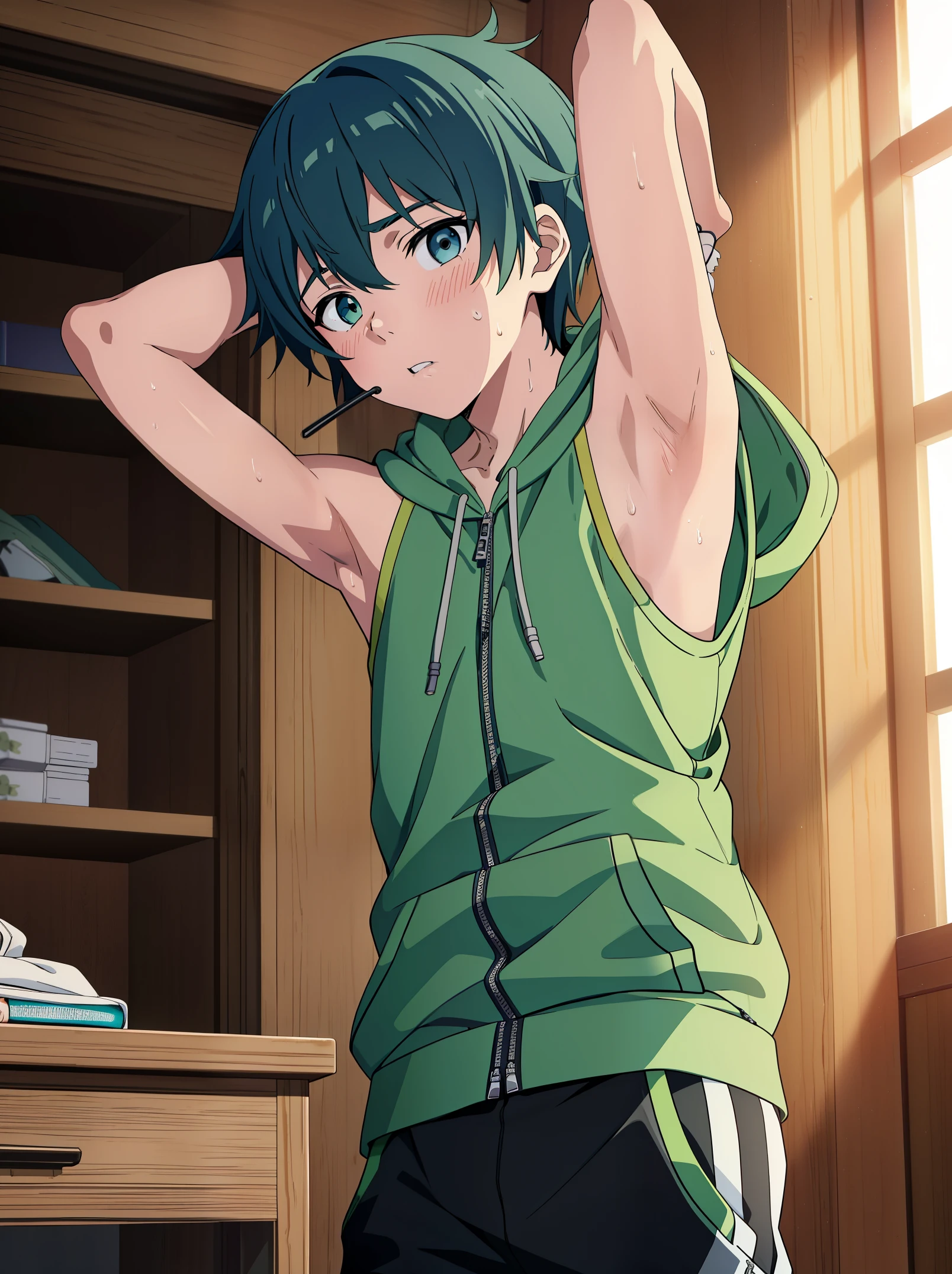 Highres, Masterpiece, Best quality at best,Best Quality,hight quality, hight detailed, 1boy, Xiao from genshin, Shota, Green hoodie with cyan stripes, Wearing headset, The hoodie is sleeveless and has an open zipper, (very small and short stature), (very young boy), (very small and short body), -yeld bo (Showing armpit:1.4), School, Sweat