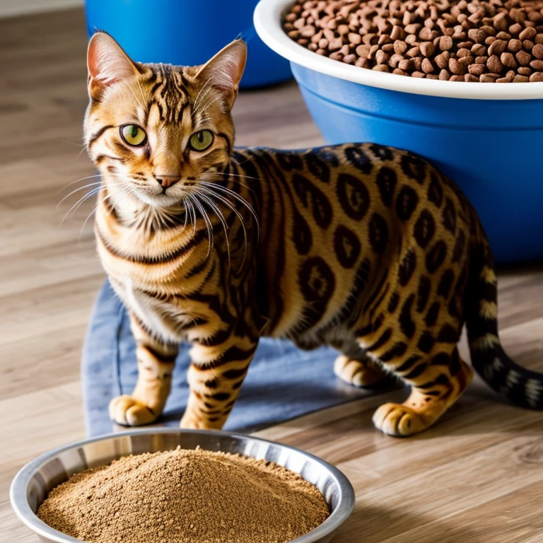 contented Bengal cat next to a bowl full of dry pet food
