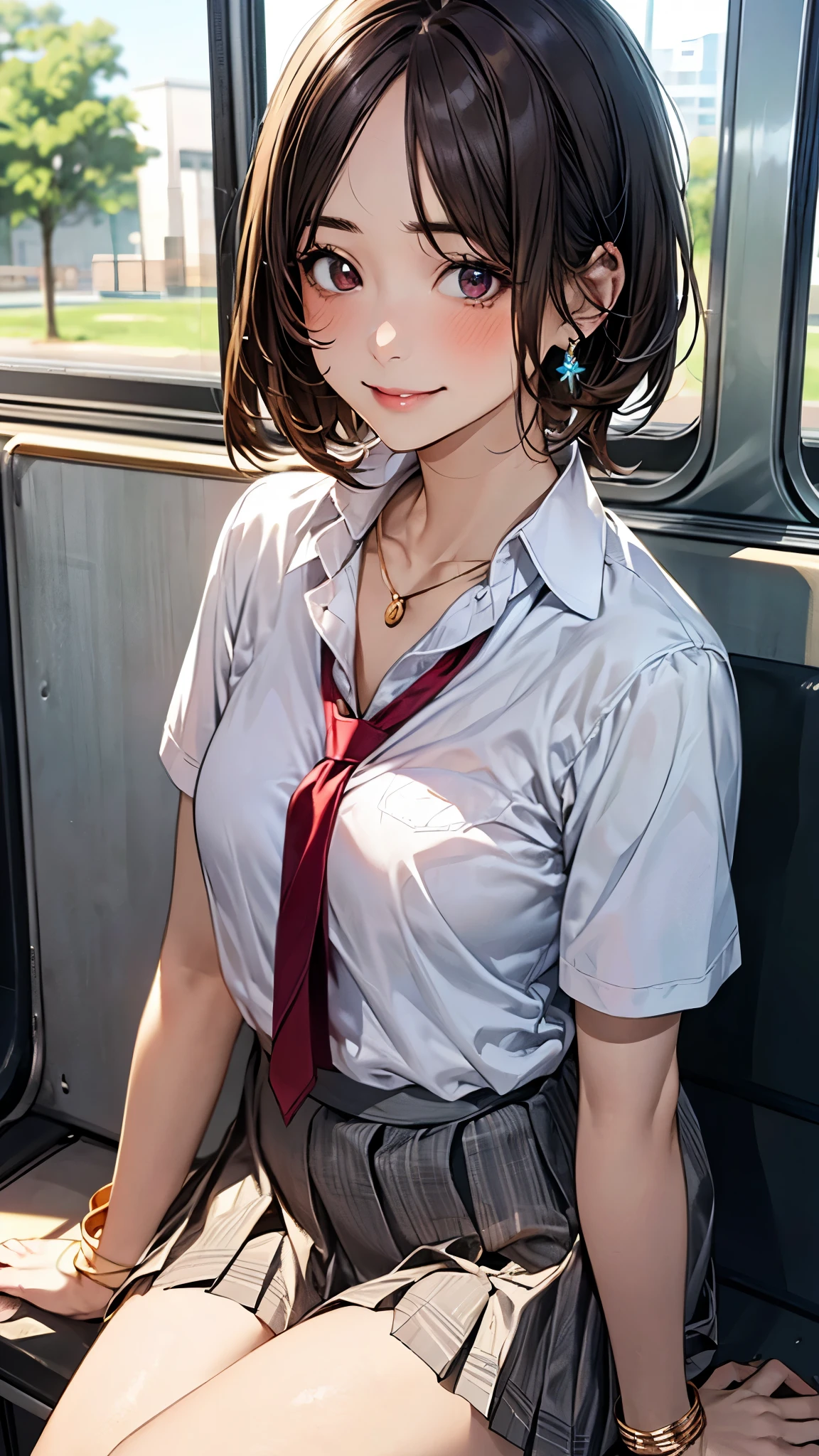(masterpiece:1.2, top-quality), (realistic, photorealistic:1.4), beautiful illustration, (natural side lighting, movie lighting), 
looking at viewer, full body, 1 girl, japanese, high school girl, perfect face, cute and symmetrical face, suntan, shiny skin, 
(short hair:1.2, pixie cut:1.2, brown hair), parted bangs, brown eyes, long eye lasher, (large breasts:0.6), 
beautiful hair, beautiful face, beautiful detailed eyes, beautiful clavicle, beautiful body, beautiful chest, beautiful thigh, beautiful legs, beautiful fingers, 
((collared short sleeve shirt, white shirt, school uniform, grey pleated skirt, red tie), golden heart necklace, wrist chakra), light blue panties, 
(beautiful scenery), on the train, sitting, (lovely smile, upper eyes),