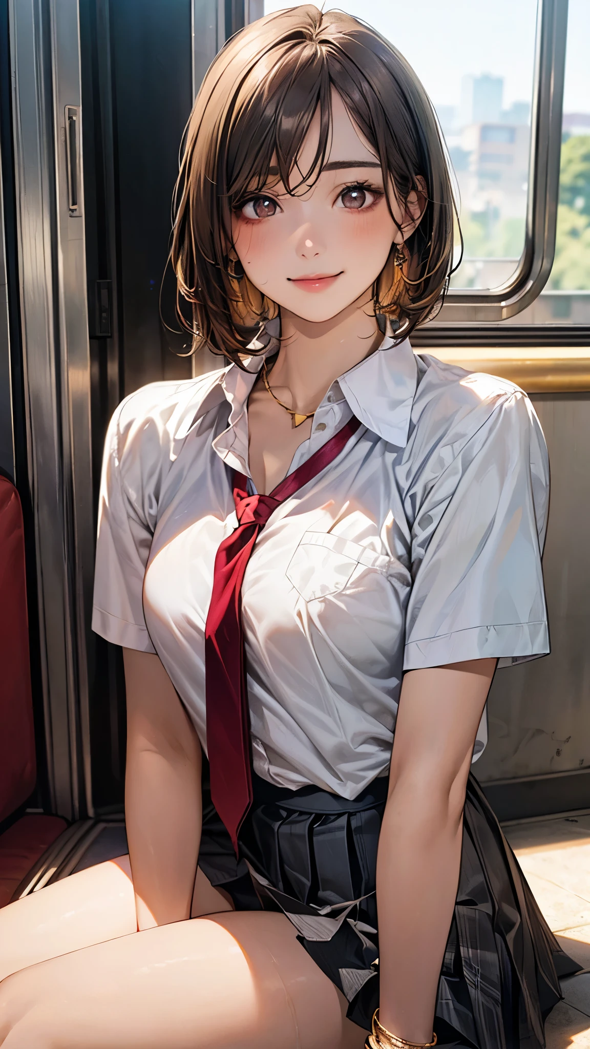 (masterpiece:1.2, top-quality), (realistic, photorealistic:1.4), beautiful illustration, (natural side lighting, movie lighting),
looking at viewer, full body, 1 girl, japanese, high school girl, perfect face, cute and symmetrical face, suntan, shiny skin,
(short hair:1.2, pixie cut:1.2, brown hair), parted bangs, brown eyes, long eye lasher, (large breasts:0.6),
beautiful hair, beautiful face, beautiful detailed eyes, beautiful clavicle, beautiful body, beautiful chest, beautiful thigh, beautiful legs, beautiful fingers,
((collared short sleeve shirt, white shirt, school uniform, grey pleated skirt, red tie), golden heart necklace, wrist chakra), light blue panties,
(beautiful scenery), on the train, sitting, (lovely smile, upper eyes),
