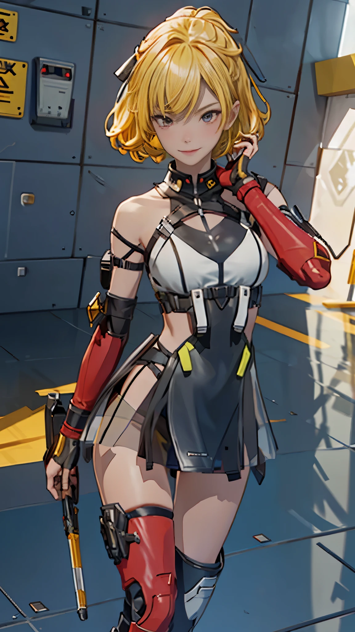 1 girl, tie up hair, short hair, short blond hair, red eyes, innocent smile, black mech armor, cool and sexy face, black thigh knee sock, 8k, Sharp face, Yellow ribbon, battlefield, outside, black crown,  standing, ,Fenny Coronet, Shotgun , one person, alone, 1 head, 2 hands, 2 legs