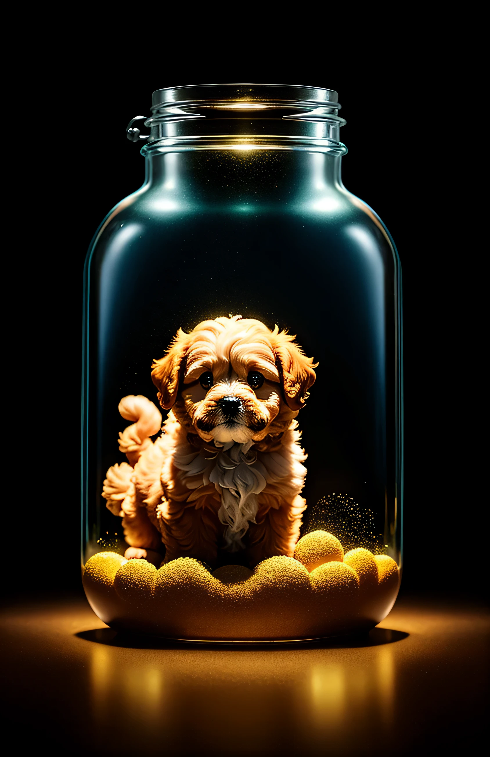 Maltipoo puppy in a huge jar, fluffy, realistic, airglow refraction, by lee jeffries nikon d850 film stock photo 4 kodak portra 400 camera f1.6 lens rich colors hyper realistic lifelike texture dramatic lighting unreal engine trending on artstation cinestill 800, style glasses
