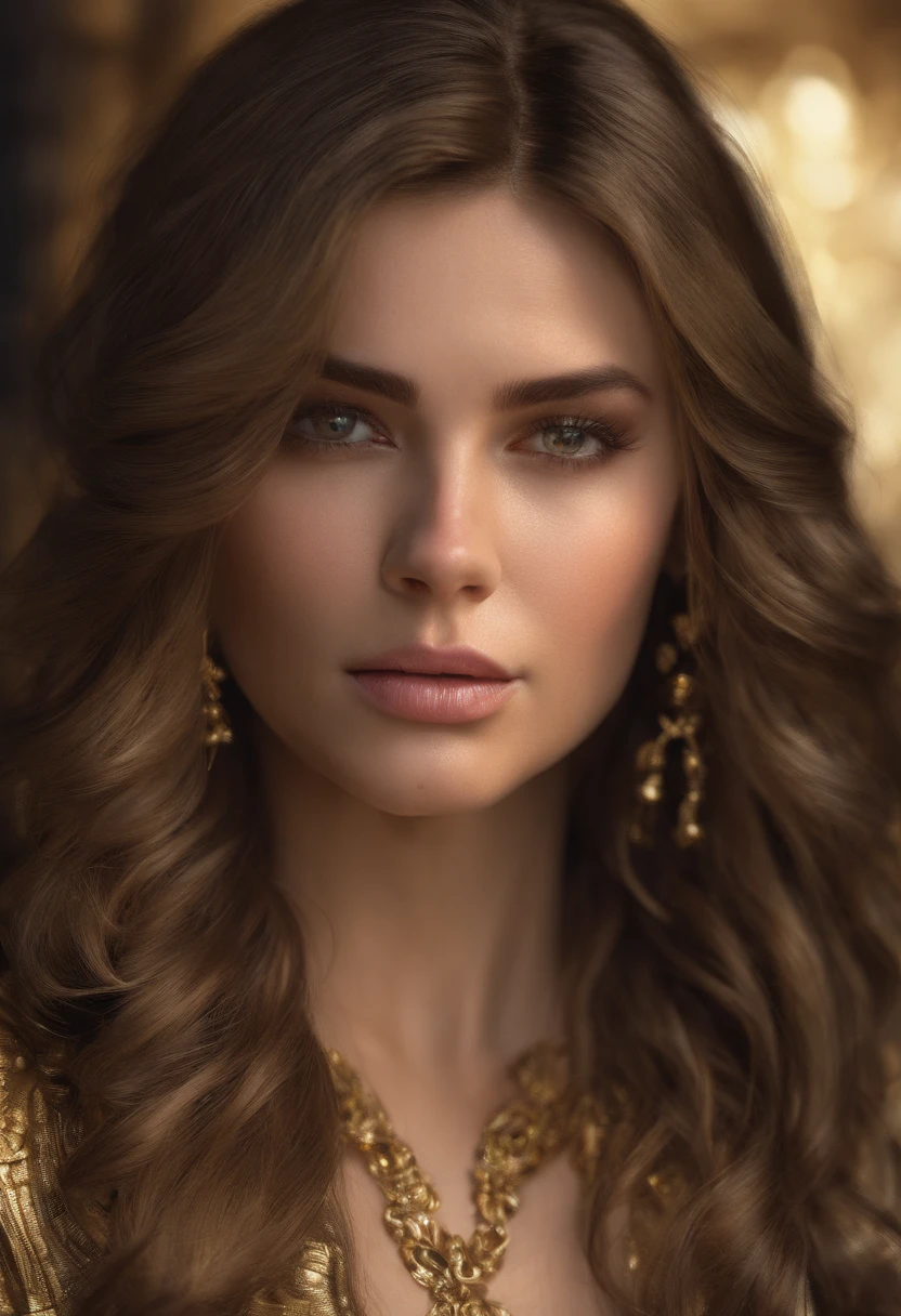 A beautiful woman with long dark brown hair and bangs is featured in the image. She is dressed in a gold dress with a deep V-neckline and is adorned with exquisite gold jewelry, including a necklace and a pair of earrings. She has sharp facial features, long eyelashes, and is looking into the distance with a serious expression. The light highlights her features and the texture of her hair, enhancing the elegance and charm of the scene.
