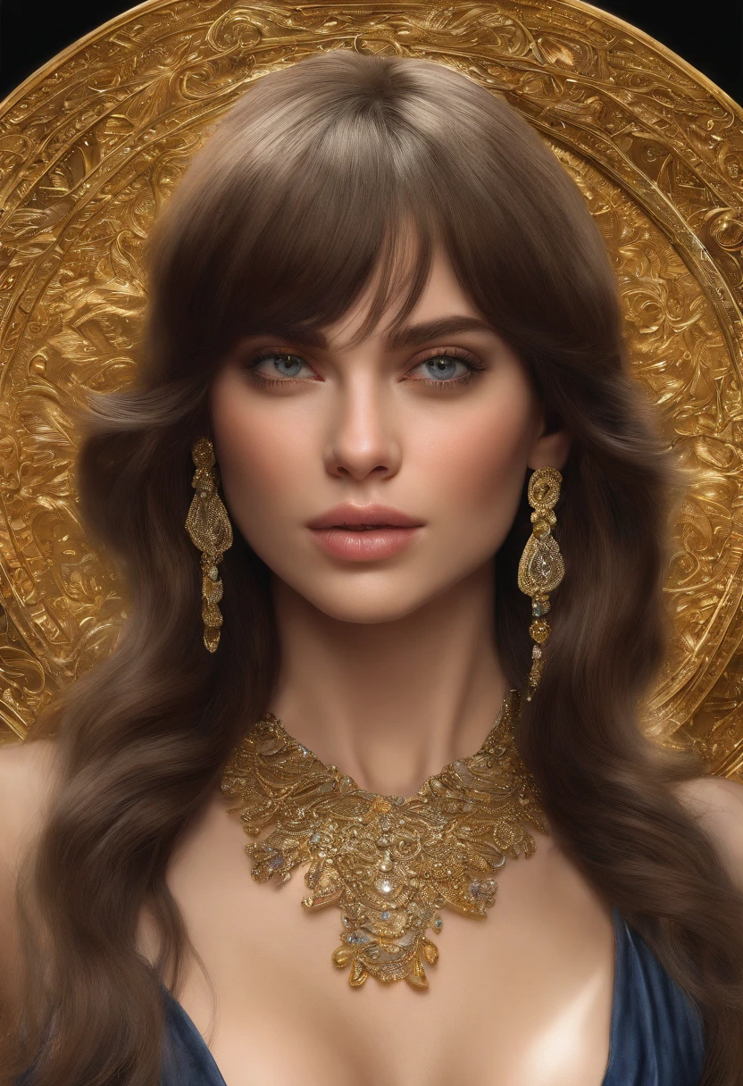 A beautiful woman with long dark brown hair and bangs is featured in the image. She is dressed in a gold dress with a deep V-neckline and is adorned with exquisite gold jewelry, including a necklace and a pair of earrings. She has sharp facial features, long eyelashes, and is looking into the distance with a serious expression. The light highlights her features and the texture of her hair, enhancing the elegance and charm of the scene.