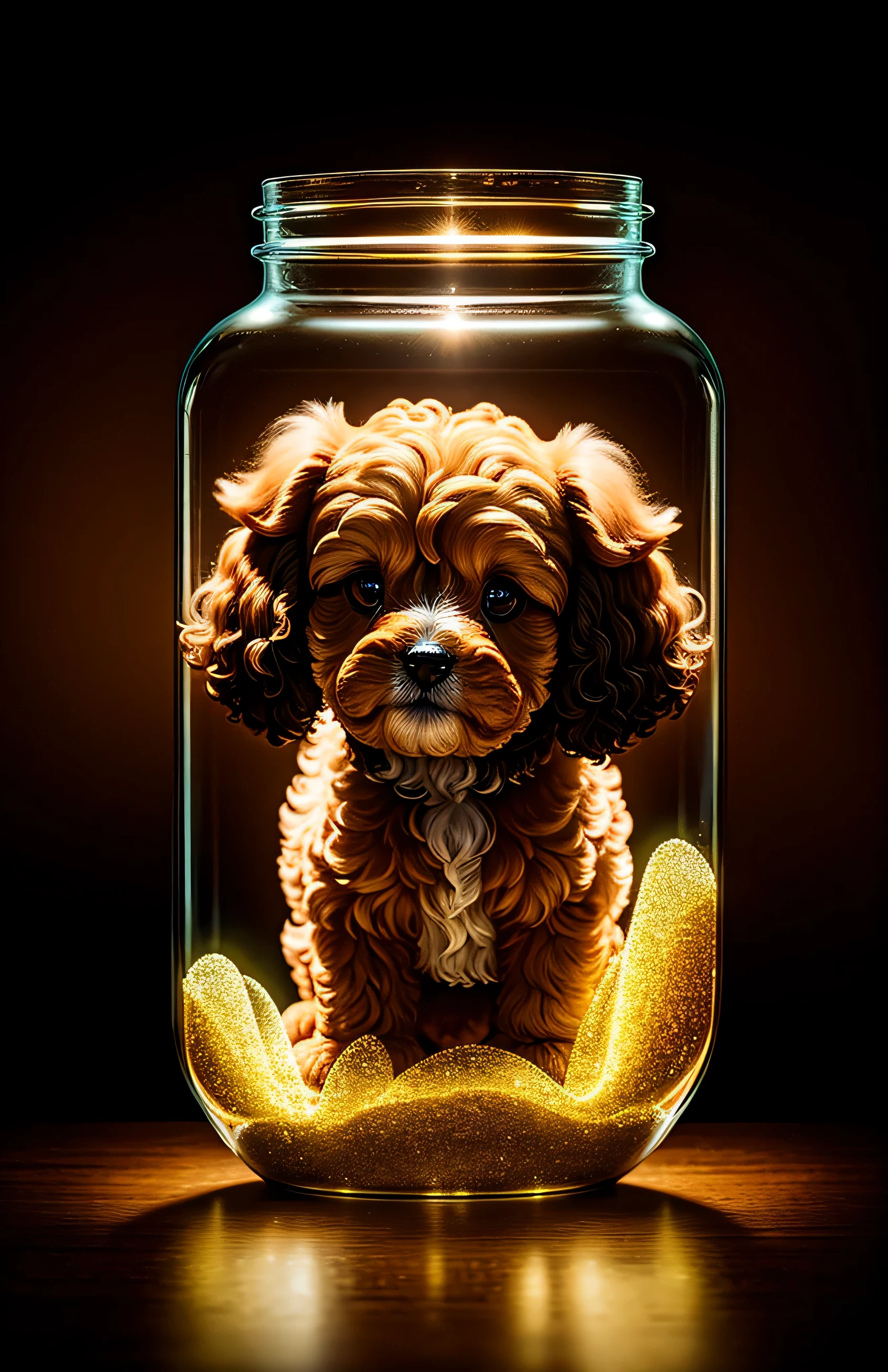 Maltipoo puppy in a huge jar,2 horses,different colors, fluffy, realistic, airglow refraction, by lee jeffries nikon d850 film stock photo 4 kodak portra 400 camera f1.6 lens rich colors hyper realistic lifelike texture dramatic lighting unreal engine trending on artstation cinestill 800, style glasses