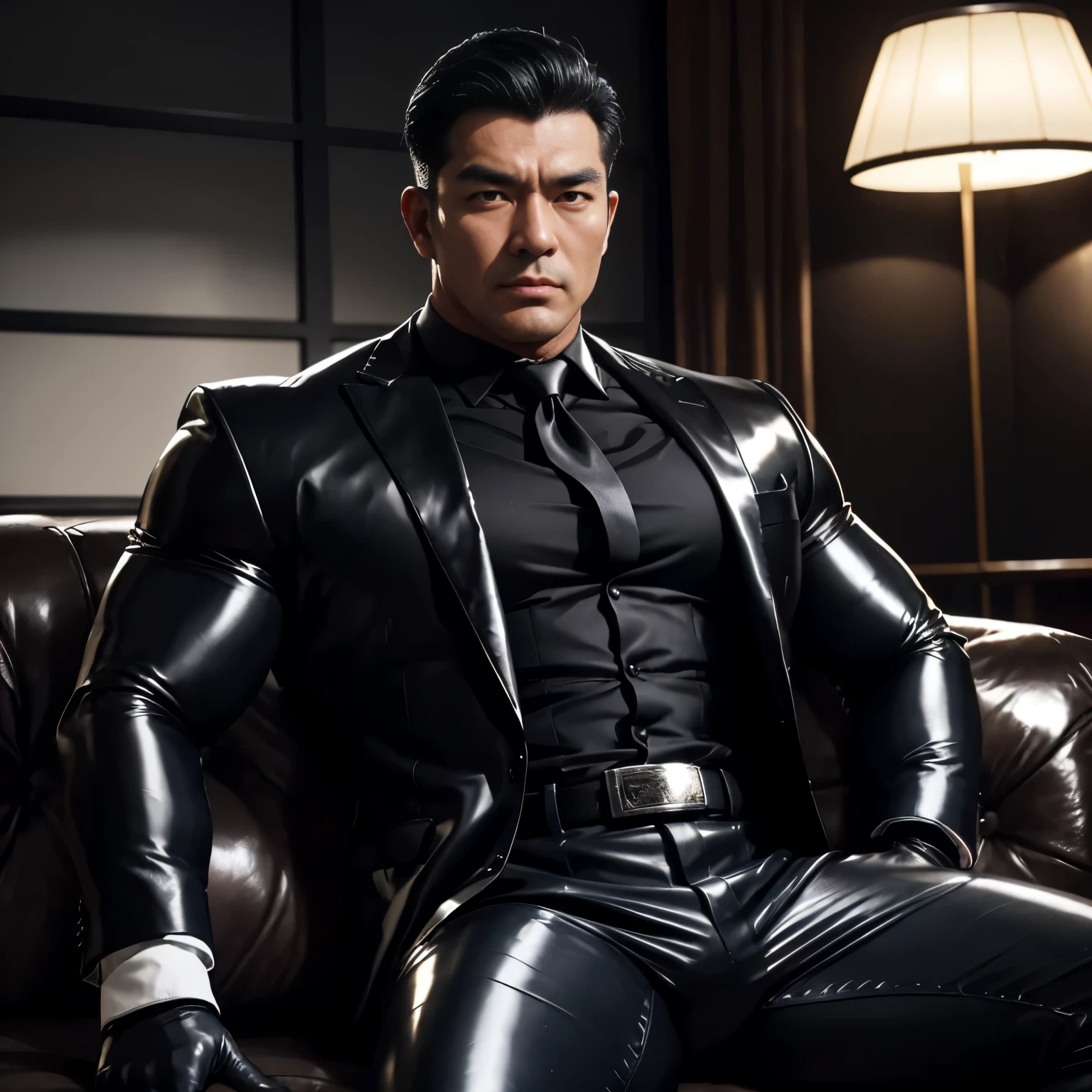 30 years old,daddy,"shiny suit ",Dad sat on sofa,k hd,in the office,"big muscle", gay ,black hair,asia face,masculine,strong man,the boss is,handsome,,leather gloves,lecherous dad,look straight ahead,dad is handsome,dad is handsome ,dad is "horny dad"