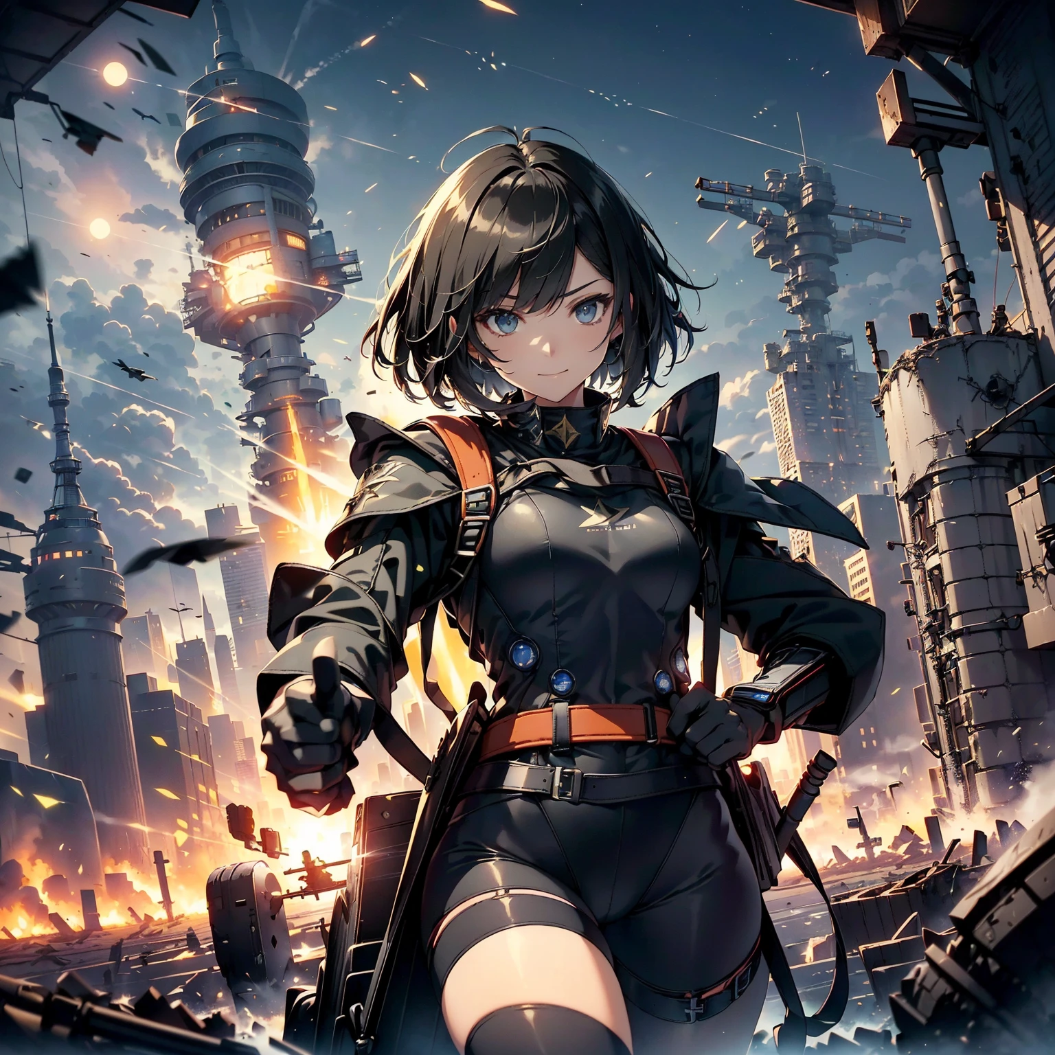 (highest quality,T Masterpiece,final solution,whole body):(24 year old female fighter,Slender、small face、black super short bob cut hair、Shiny black tight combat uniform,tight suit,dynamic angle、dynamic action、(dynamic pose:1.2)、normal posture,normal posture、Gentle smile、Backpack)、(Time Machine、Computer、skyscraper gun、weapons of the future、(Backpack:1.1)、Real World、Plankton rattle field、volumetric fog、gray fog、cigarette、 explosion、apocalyptic、destroyed city background、burning building:1.3、splash of water、starry ski、huge moon、Earth、destroyed giant robot、radio tower、airplane flying overhead、shooting star rocket truck、broken car、derailed train、tank、giant weapon、electronic equipment、Luminous mechanism)