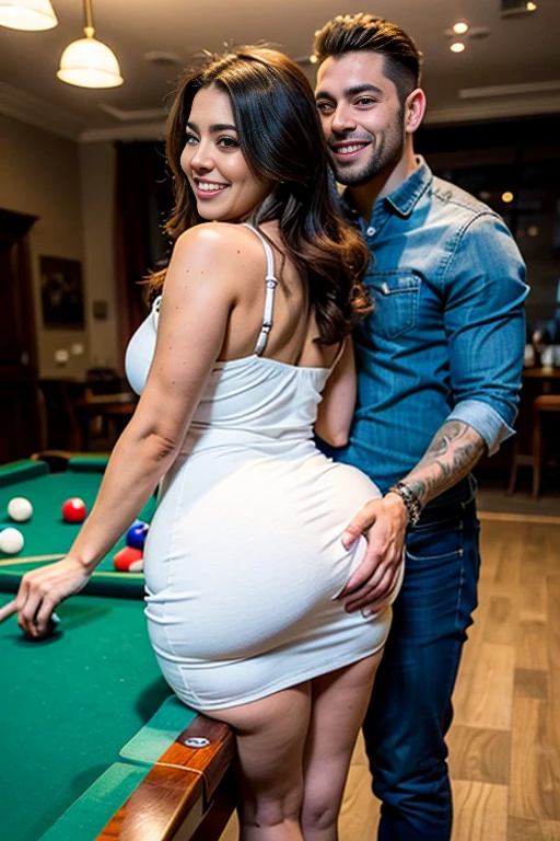 xlteen, fully clothed, sfw, Latina, bbw, voluptuous, a latina woman with wide hips, thick thighs, a huge ass, sexy dress, party setting,  guy and girl are playing Billiards, guy  holding her from behind, guy  grabbing her big ass, guy  groping her ass, she has a smile, guy  squeezing her ass