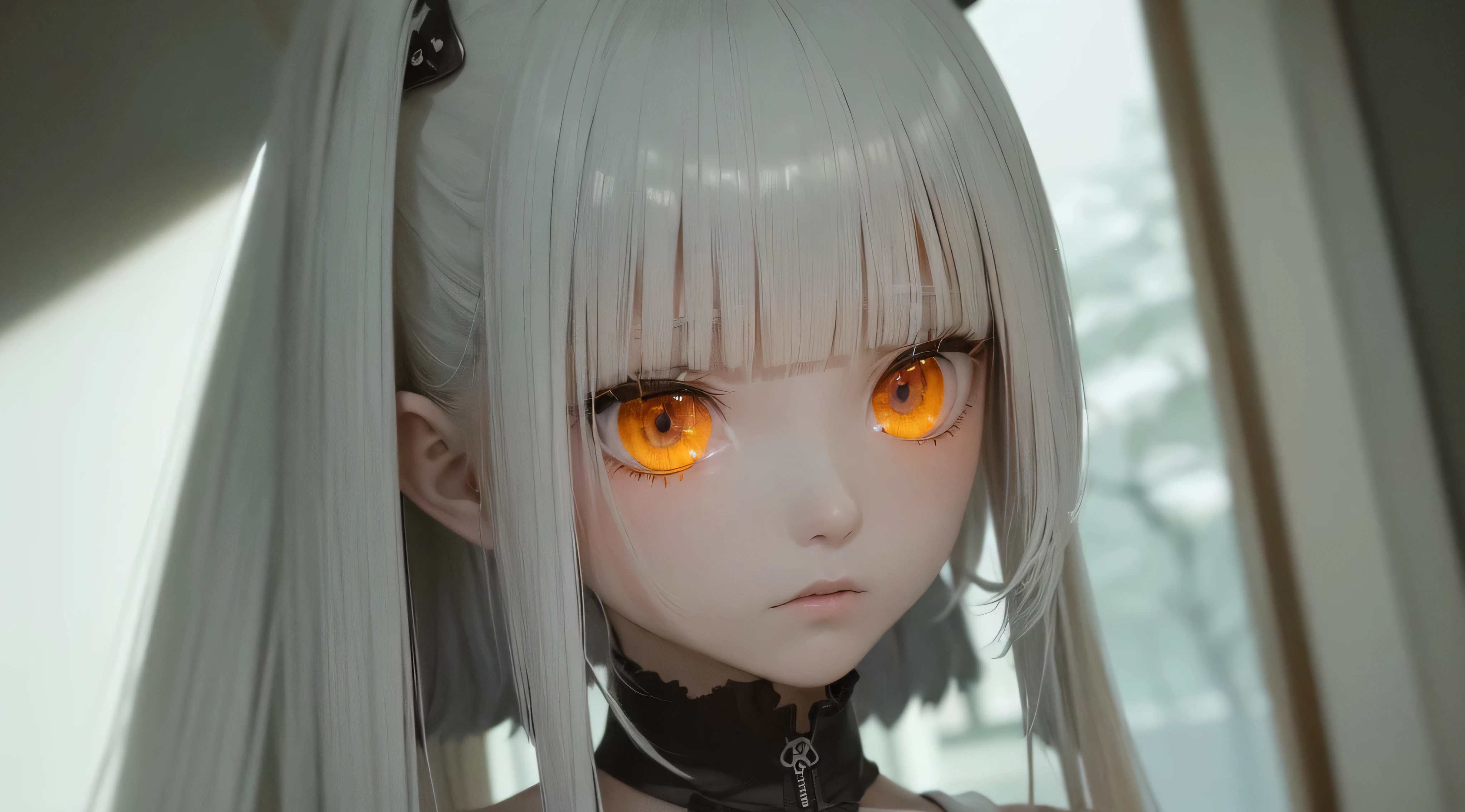 estilo de Tsutomu Nihei,(incredibly absurdos, (high resolution:1.18), detalhe intrincado, (obra de arte:1.1), (Mais alta qualidade:1.1), absurdos),(1 garota, retrato, cabelo branco, olhos laranja, Cabelo longo, olhos detalhados), 1 girl in body bag