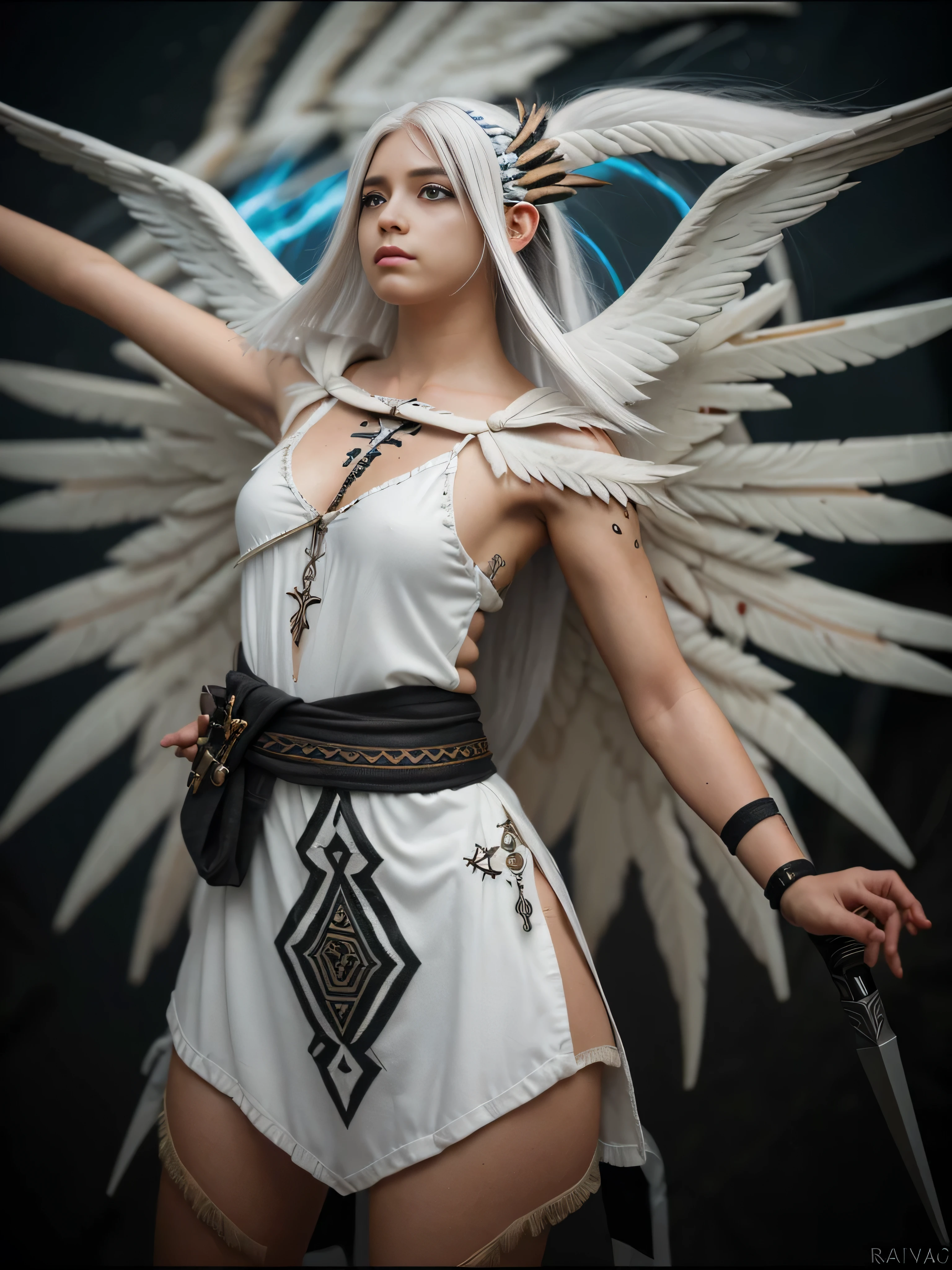 ((STORM, RAIN, THUNDER)), ((cabelo super realista)), ((FOTOGRAFIA REALISTA)) (8k, Foto RAW, melhor qualidade, senhor:1.2), (Realistic, photo-Realistic:2), SEIOS FARTOS, SEIOS GRANDE, PEITO GRANDE, SEIOS QUENTES, ((ULTRA HIGH DEFINITION)), ((QUALIDADE 4K)), ((MUITO DETALHADO)), ((TEXTURA SONY a7s)), do anime com cabelo branco e asas segurando uma espada, inka harpia girl, as a mystical valkyrie, harpia woman, nordic goddess, harpia, mystical valkyrie, Haibane Renmei, epic anime style, garota anjo cavaleiro, young harpia-girl, ((vestimenta de couro)), ((Indigenous style)), ((ROSTO ANGELICAL PERFEITO)), ((TATUAGENS NAS BOCHECHAS)), ((EATOS)), ((energy flares))