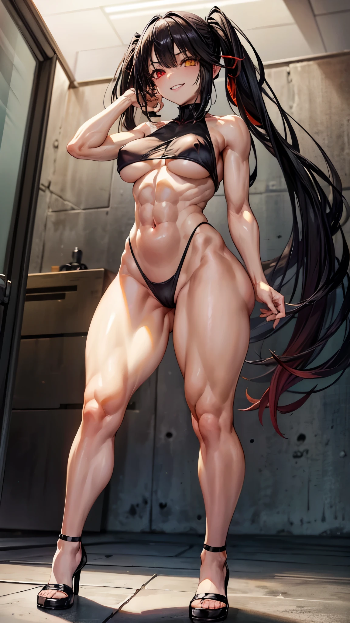 1 girl, Bare shoulders, Black hair, medium breasts, (muscular legs), (((bare legs))), White skin, muscular belly, wide hips, slim waist, (((clock eyes))), in the pool with the hot sun, (naked showing her sexy muscles))), full body, hair elastic, (((all wet))), (standing), heterochromia, black high heel shoes, lolita hair elastic, hair long, red eyes, mischievous smile, (Evil Gaze), Only, symbol-shaped pupils, (Kurumi tokisaki), (twintails), yellow eyes