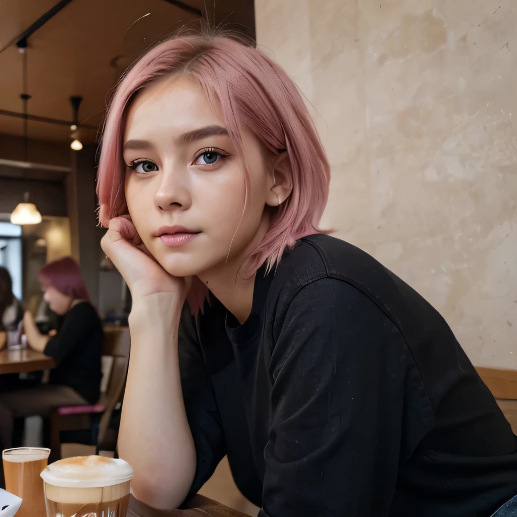 (realisitic、hight resolution:1.3)、1 girl with a perfect figure、Super thin face and eyes、shorth blonde-pink hair、small boobs, rounded ass, black shirt, jeans. Minimal makeup., siting at the coffee restaurant, relax