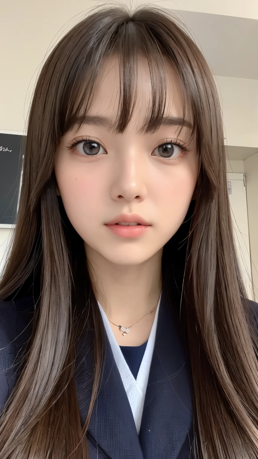 bright expression、photorealisim、top-quality、超A high resolution、a picture、Photos of the most beautiful Nordic girls、Detailed cute and beautiful face、a small face、(pureerosface_v1:0.008)、Beautiful bangs、alice in the wonderland、18year old、Glowing white shiny skin、Hair tangled in the face、Bangs that extend to the face、bangss、Hair between the eyes、Super long hair、Attractive brown silky hair、finer hair、Bright, Clear light blue eyes look attractive、full body Esbian、School Winter Uniform、winter uniform、jaket、eye liner、Double eyelids、ample breasts、Shot up to the thigh、Dynamic Pose