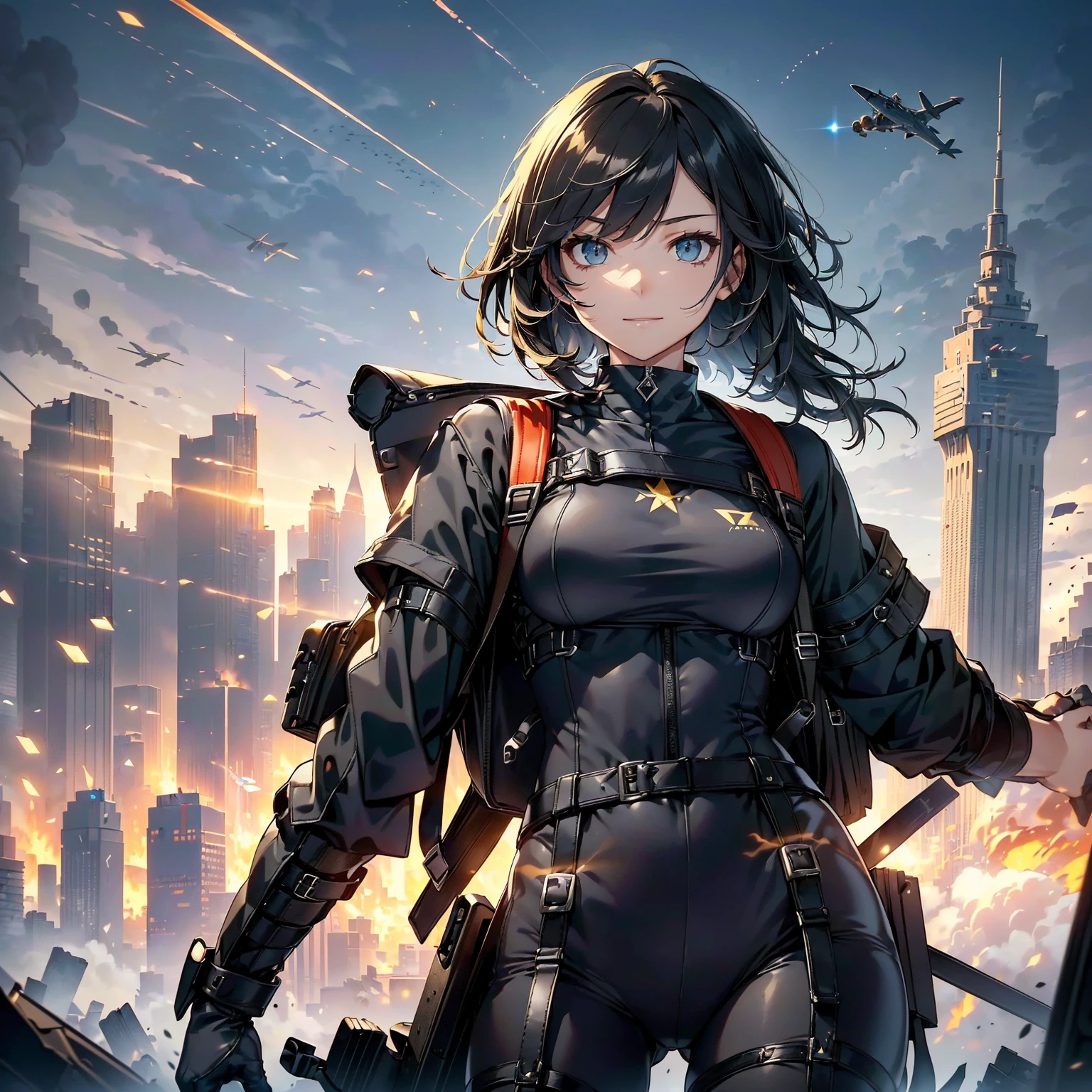 (highest quality,T Masterpiece,final solution,whole body):(24 year old female fighter,Slender、small face、black super short bob cut hair、Shiny dark navy blue and black tight combat uniform,tight suit,dynamic angle、dynamic action、(dynamic pose:1.2)、normal posture,normal posture、Gentle smile、Backpack)、(Time Machine、Computer、skyscraper gun、weapons of the future、(Backpack:1.1)、Real World、Plankton rattle field、volumetric fog、gray fog、cigarette、 explosion、apocalyptic、destroyed city background、burning building:1.3、splash of water、starry ski、huge moon、Earth、destroyed giant robot、radio tower、airplane flying overhead、shooting star rocket truck、broken car、derailed train、tank、giant weapon、electronic equipment、Luminous mechanism)