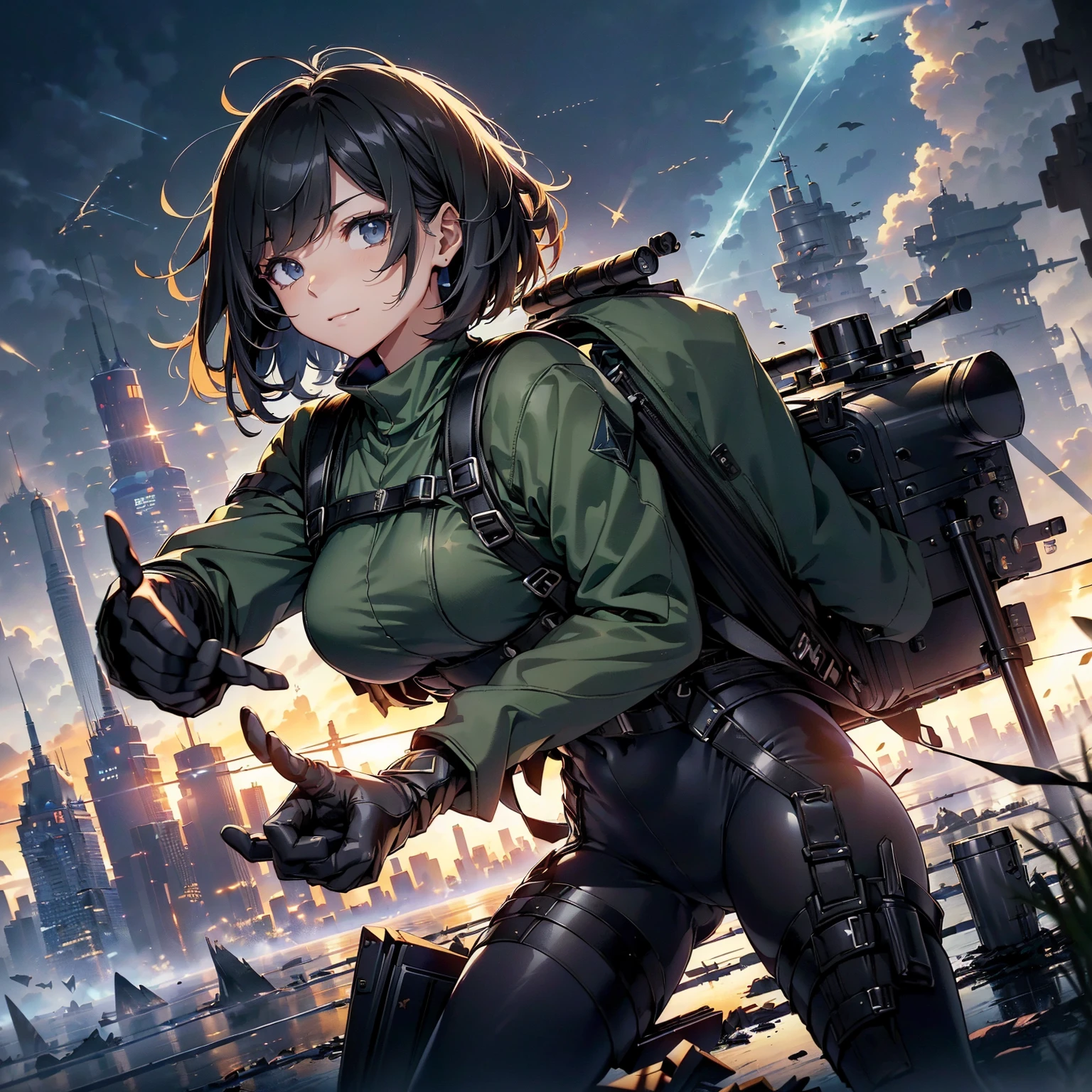(highest quality,T Masterpiece,final solution,whole body):(24 year old female fighter,Slender、small face、black super short bob cut hair、Shiny dark navy blue and black tight combat uniform,tight suit,dynamic angle、dynamic action、(dynamic pose:1.2)、normal posture,normal posture、Gentle smile、Backpack)、(Time Machine、Computer、skyscraper gun、weapons of the future、(Backpack:1.1)、Real World、Plankton rattle field、volumetric fog、gray fog、cigarette、 explosion、apocalyptic、destroyed city background、burning building:1.3、splash of water、starry ski、huge moon、Earth、destroyed giant robot、radio tower、airplane flying overhead、shooting star rocket truck、broken car、derailed train、tank、giant weapon、electronic equipment、Luminous mechanism)
