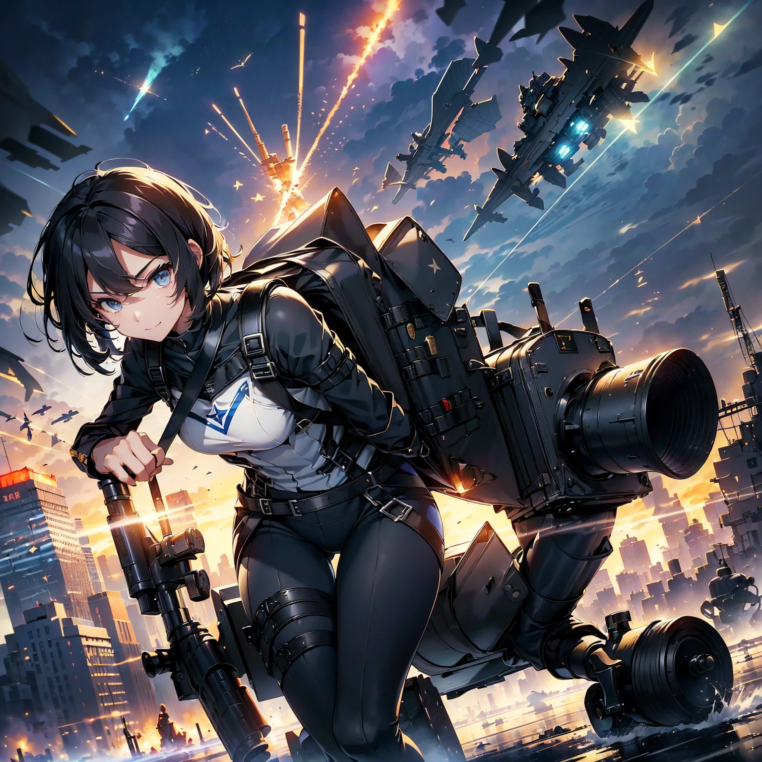 (highest quality，T Masterpiece，final solution，whole body):(24 year old female fighter，Slender、small face、black super short bob cut hair、Shiny dark navy blue and black tight combat uniform，tight suit，dynamic angle、dynamic action、(dynamic pose:1.2)、normal posture，normal posture、Gentle smile、Backpack)、(Time Machine、Computer、skyscraper gun、weapons of the future、(Backpack:1.1)、Real World、Plankton rattle field、volumetric fog、gray fog、cigarette、 explosion、apocalyptic、destroyed city background、burning building:1.3、splash of water、starry ski、huge moon、Earth、destroyed giant robot、radio tower、airplane flying overhead、shooting star rocket truck、broken car、derailed train、tank、giant weapon、electronic equipment、Luminous mechanism)