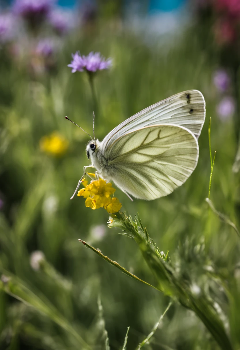 cabbage white butterfly in garden close up leaf  flowers n grass, in the style of leica m10, colorized, flickr, miniature dioramas, high quality photo, fujifilm pro 800z, fujifilm pro 400h -