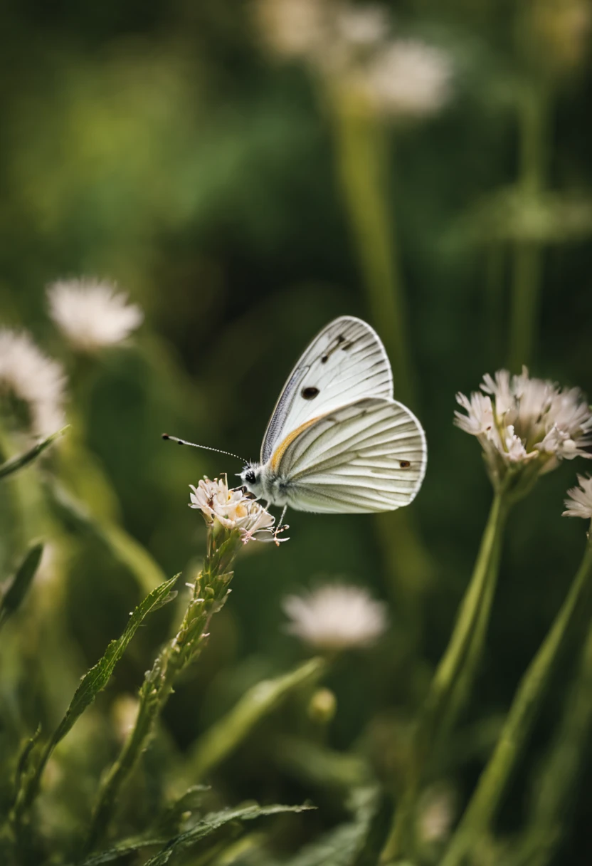 cabbage white butterfly in garden close up leaf  flowers n grass, in the style of leica m10, colorized, flickr, miniature dioramas, high quality photo, fujifilm pro 800z, fujifilm pro 400h -