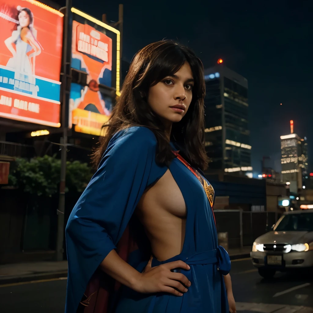 Kamala Khan, also known as Miss Marvel, standing confidently in a vibrant and colorful city skyline. Her iconic red and blue suit is adorned with her emblem, a flying stick figure wearing a green cloak. Her dark hair cascades down her back, and her striking brown eyes are fixed on something ahead, determination etched onto her features. The cityscape behind her is a mesmerizing mix of towering skyscrapers, neon lights, and billboards advertising various products and services. As she floats effortlessly through the air, her fingertips barely graze the tips of the buildings, leaving behind a faint glow that matches the energy she emanates. The image captures Miss Marvel in her element, a symbol of hope, courage, and the unbreakable spirit of the city she protects.
