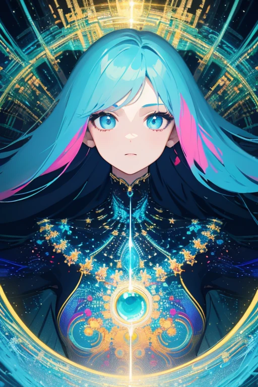 (masterpiece, best quality:1.2),(concept art、fractal art:1.5) ,(flat color:1.2),(2D:1.3),(fluorescence colour:1.5,colorful:1.2),fluorescence multicolored hair、looking at viewer,1Goddess,beautiful face,Gentle face,solo,upper body,floating colorful fluorescent lines,vivid color、fractal art、Symmetrical、
Mysterious atmosphere、liberating 、青の系譜。