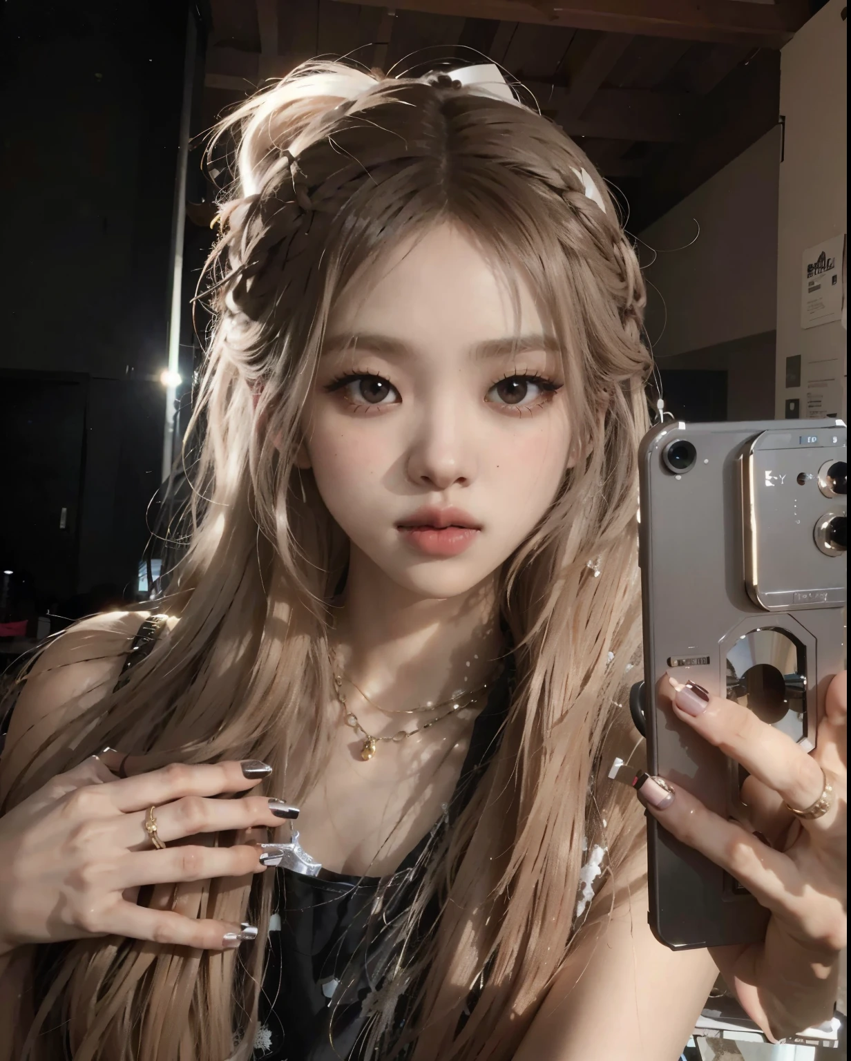 Araffe girl with long hair and a star ring taking a selfie., Lalisa Manobal, Lalisa Manoban de Blackpink, ulzzang, parque roseanne de blackpink, tzuyu de dos veces, maquillaje popular de corea del sur, con pelo largo y ojos penetrantes, retrato de jossi de blackpink, 8k selfie photography, pelo largo y rubio y ojos grandes