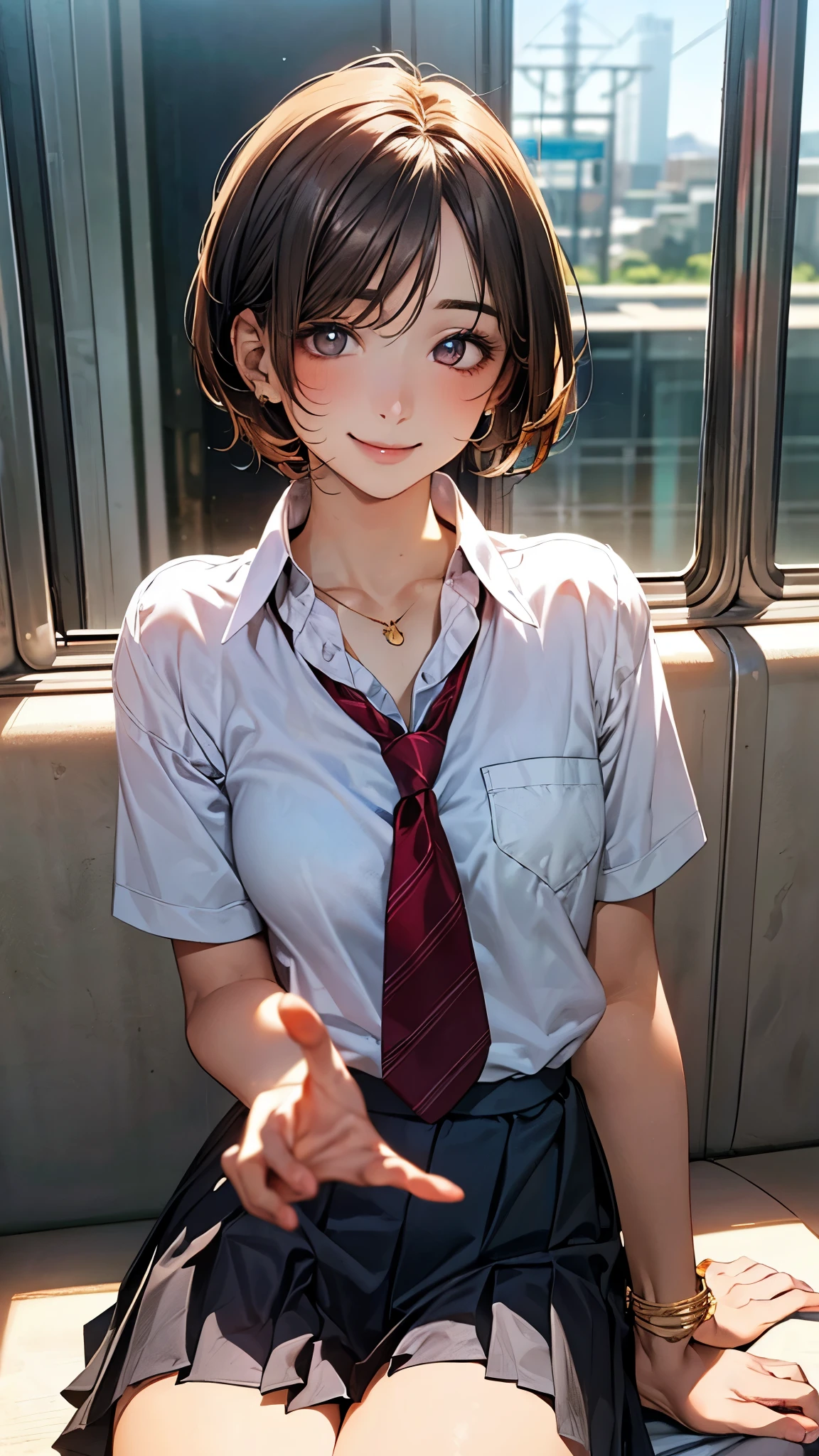 (masterpiece:1.2, top-quality), (realistic, photorealistic:1.4), beautiful illustration, (natural side lighting, movie lighting),
looking at viewer, full body, 1 girl, japanese, high school girl, perfect face, cute and symmetrical face, suntan, shiny skin, slender,
(short hair:1.2, pixie cut:1.2, brown hair), parted bangs, brown eyes, long eye lasher, (large breasts:0.6),
beautiful hair, beautiful face, beautiful detailed eyes, beautiful clavicle, beautiful body, beautiful chest, beautiful thigh, beautiful legs, beautiful fingers,
((collared short sleeve shirt, white shirt, school uniform, grey pleated skirt, red tie), golden heart necklace, wrist chakra), light blue panties,
(beautiful scenery), on the train, sitting, peace fingers, (lovely smile, upper eyes),