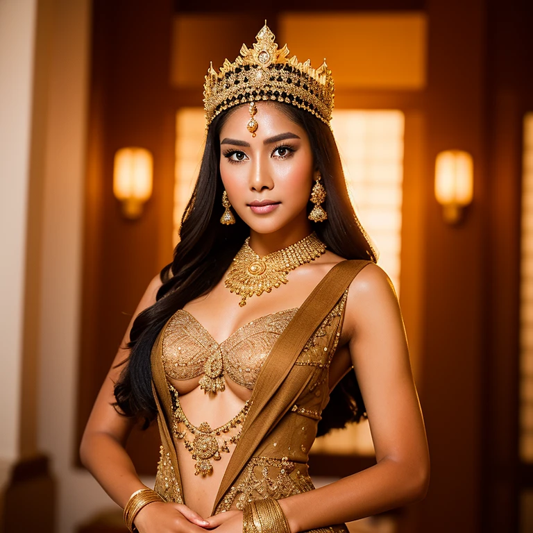  The mystical beauty of the Javanese Royal Princess, with a sparkling crown over her traditional long kebaya, is in the palace meditation room, taken with a Fujifilm X-T4 camera and Fujinon, tanned skin,flawless skin, beautiful face, photorealistic, 