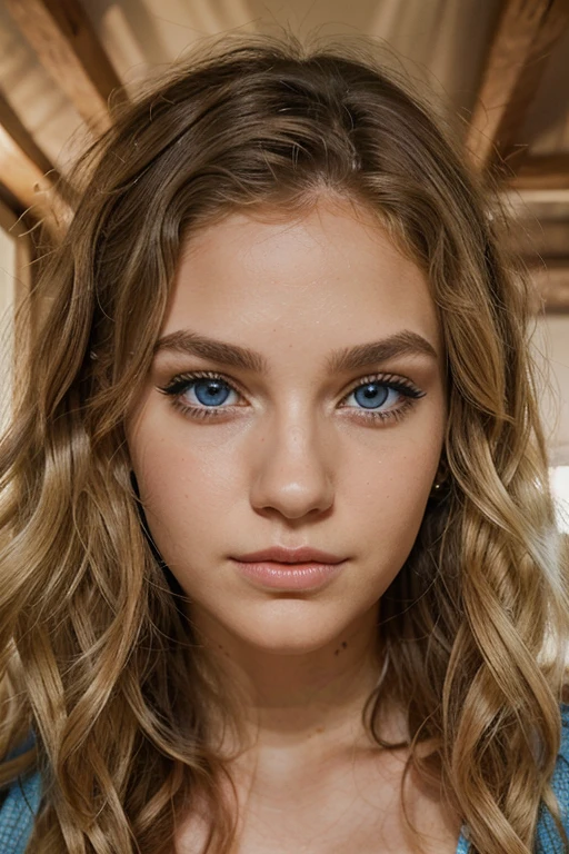 a young woman with curly, shoulder-length blonde hair. She has fair skin and striking blue eyes, with a subtle makeup that includes eyeliner and mascara, drawing attention to her eyes. Her eyebrows are well-groomed, and she has a nose piercing on her left nostril. She appears to have a neutral expression with a hint of a pensive look, and her lips are slightly parted. She is possibly indoors with a warm, ambient light that highlights her curls and facial features