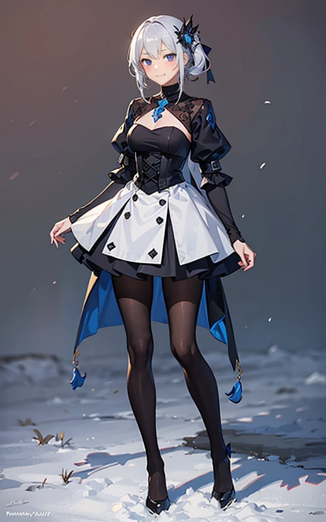 (masterpiece,best quality:1.4),super fine illustration,shiny skin,detailed skin,an extremely cute and beautiful girl, beautiful face, He&#39;s smiling and looking towards me., beautiful blue eyes,Image of a woman wearing a black and white dress, fantasy costume, black tights and skirt, Full body CGsociety, fantasy style clothing, Gwaites style artwork, Snowy mountains in the background