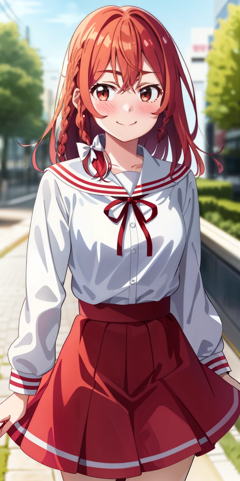 2d, masterpiece, best quality, anime, highly detailed, 1girl, solo, cowboy shot, sumi, single braid, side braid, hair bow, white bow, white shirt, long sleeves, sailor collar, red ribbon, red skirt, pleated skirt, embarrassed, blush, smile, outdoors