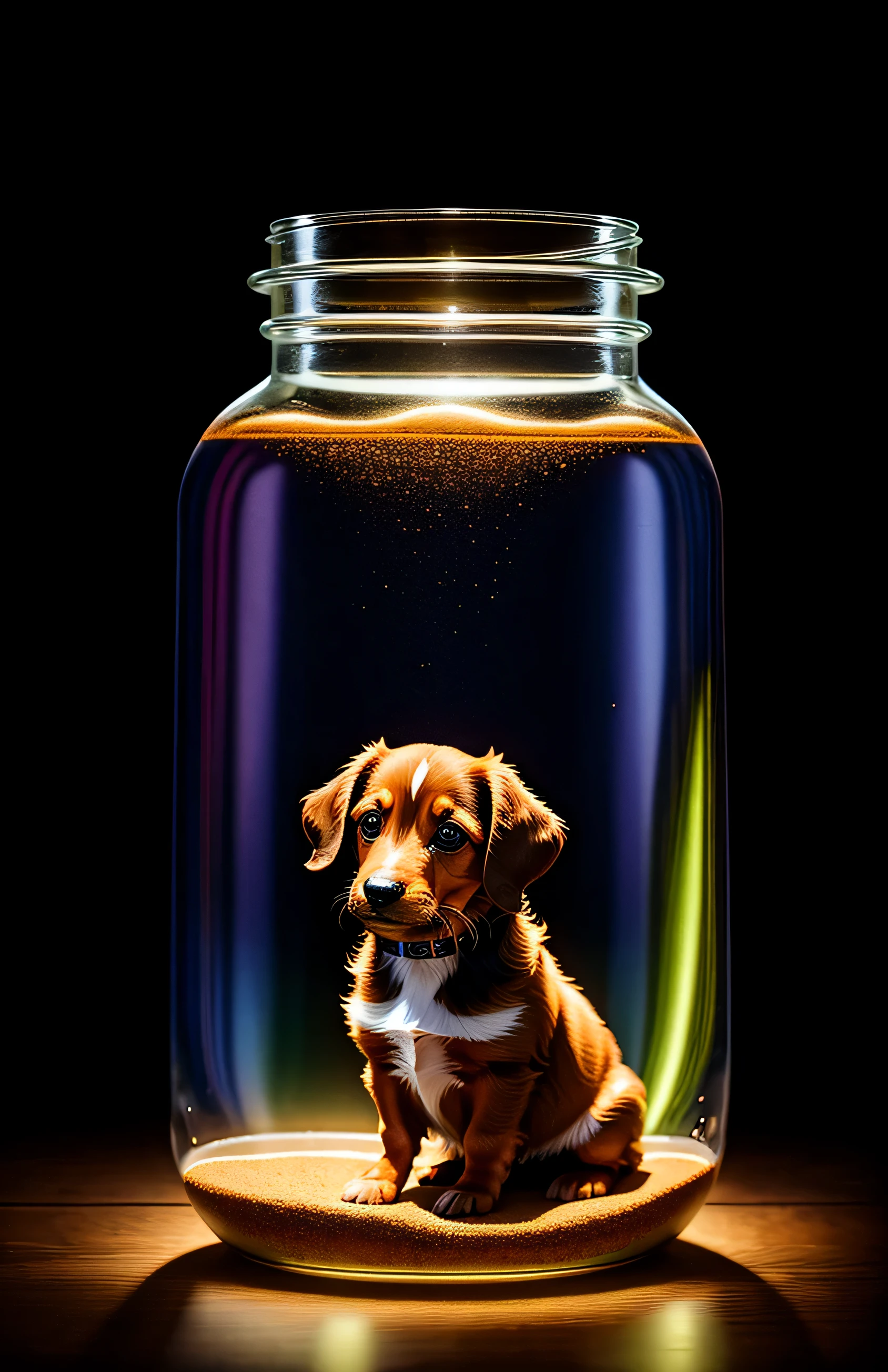 puppy in a giant jar, Miniature dachshund,fluffy, realistic, airglow refraction, by lee jeffries nikon d850 film stock photo 4 kodak portra 400 camera f1.6 lens rich colors hyper realistic lifelike texture dramatic lighting unreal engine trending on artstation cinestill 800, style glasses