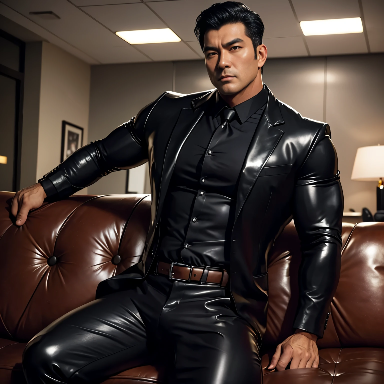 30 years old,daddy,"shiny suit ",Dad sat on sofa,k hd,in the office,"big muscle", gay ,black hair,asia face,masculine,strong man,the boss is,handsome,,leather gloves,lecherous dad,look straight ahead,dad is handsome,dad is handsome ,dad is "horny dad"