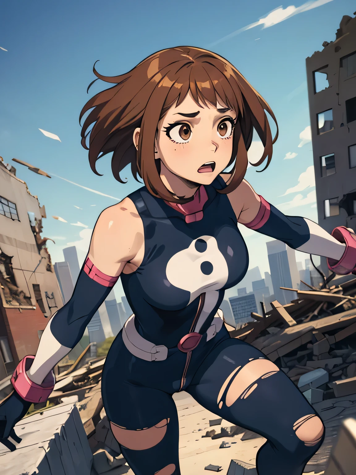 , ochako uraraka,brown hair,brown eyes, short hair, 1girl, (torn bodysuit, super hero, gloves), abstract background, focused expression, action shot, city in ruins background