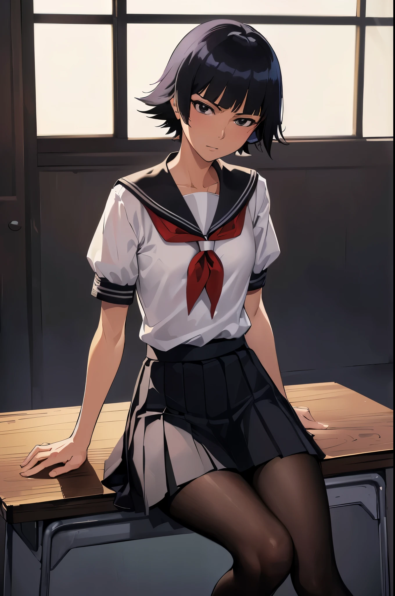 ultra-realistic 8k CG, masterpiece, ((ultra-detailed background, expressive eyes, fine drawing, intricate details, high detail, better quality fine details, hyper-detailed face)), (photorealistic: 1.4), beautiful lighting, RAW photo, film grain, soi fon, 1girl, solo, ((dark black hair, short hair)), ((dark black eyes)), black irises, makeup, side strands, (( slim girl)), ((detailed background, inside, dim lighting, moody lighting, inside classroom)), (intricately detailed full-body shot)), ((intricately detailed face and character)), sweating, detailed face, beautiful face, sharp stern features, petite, thin, skinny, kubo tito, kubo tito (style), bleach (manga), bleach manga style, asian eyes, inspired by Kusumi Morikage, toned, small breasts, toned, long slender legs, thin legs, ((pretty arched feet)), ), ((neckerchief, pleated skirt, red neckerchief, school uniform, shirt, short sleeves, skirt, white shirt, school uniform, pantyhose, black penny shoes)), sitting on desk, facing viewer