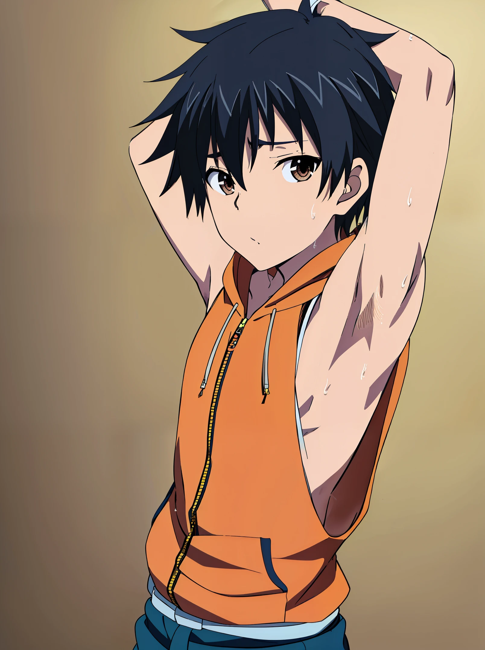 Highres, Masterpiece, Best quality at best,Best Quality,hight quality, hight detailed, 1boy, Xiao from genshin, Shota, Orange hoodie with yellow stripes, The hoodie is sleeveless and has an open zipper, (very small and short stature), (very young boy), (very small and short body), 12-year-old boys, (Showing armpit:1.4), School, Sweat